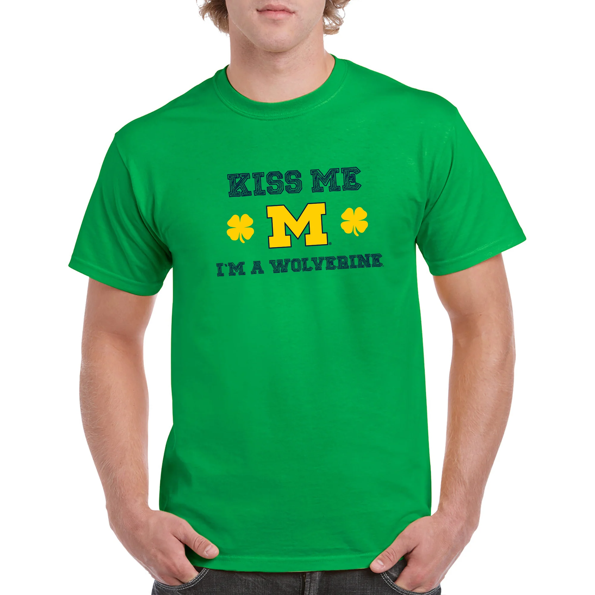 University of Michigan Kiss Me I'm a Wolverine Basic Cotton Short Sleeve T Shirt - Irish Green - Image 3