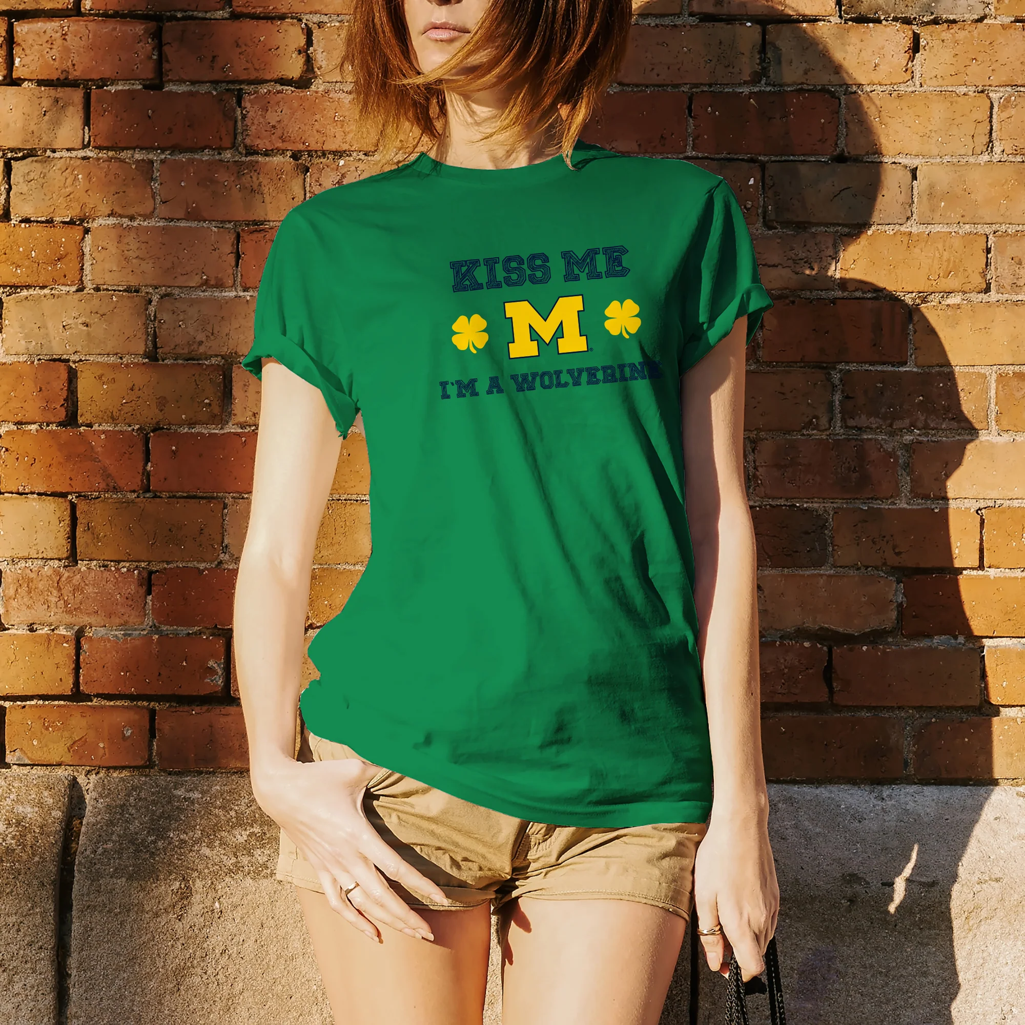 University of Michigan Kiss Me I'm a Wolverine Basic Cotton Short Sleeve T Shirt - Irish Green - Image 4