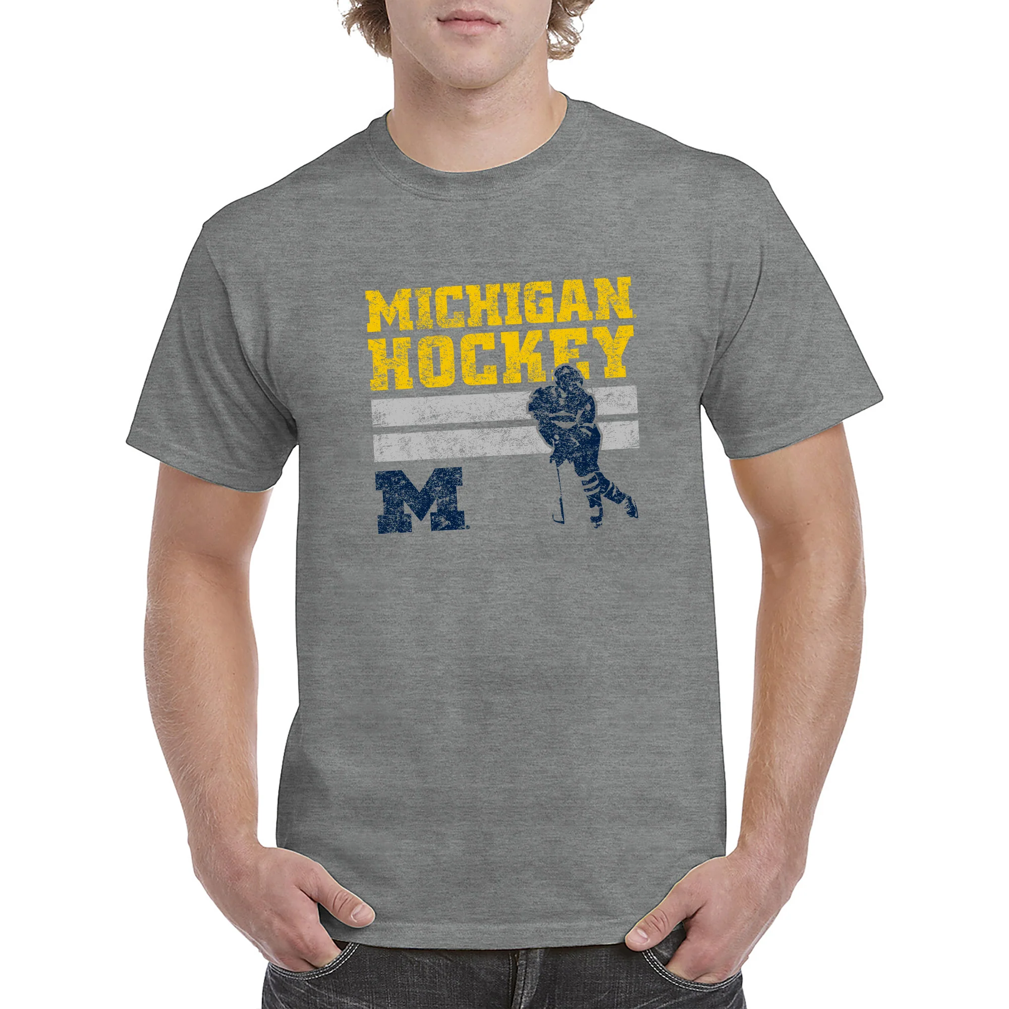 University of Michigan Retro Hockey Basic Cotton Short Sleeve T Shirt - Graphite Heather - Image 3