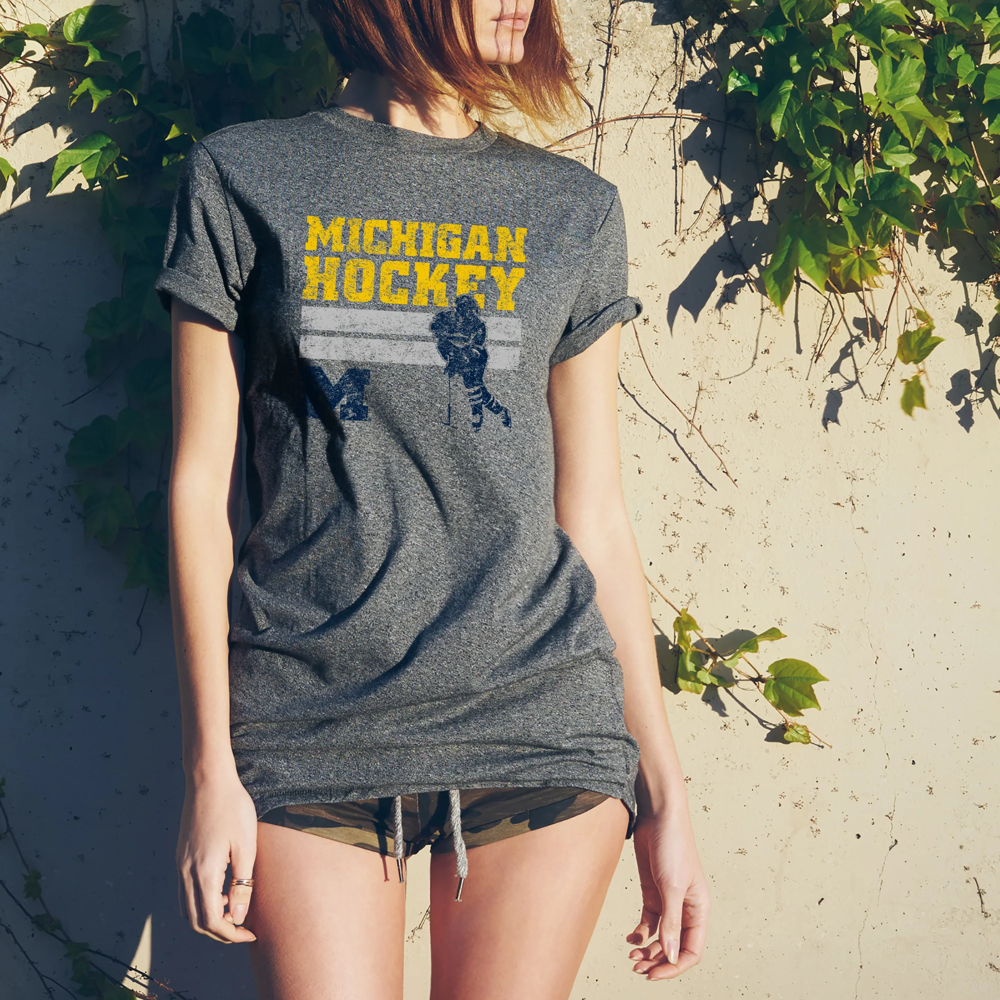 University of Michigan Retro Hockey Basic Cotton Short Sleeve T Shirt - Graphite Heather - Image 4