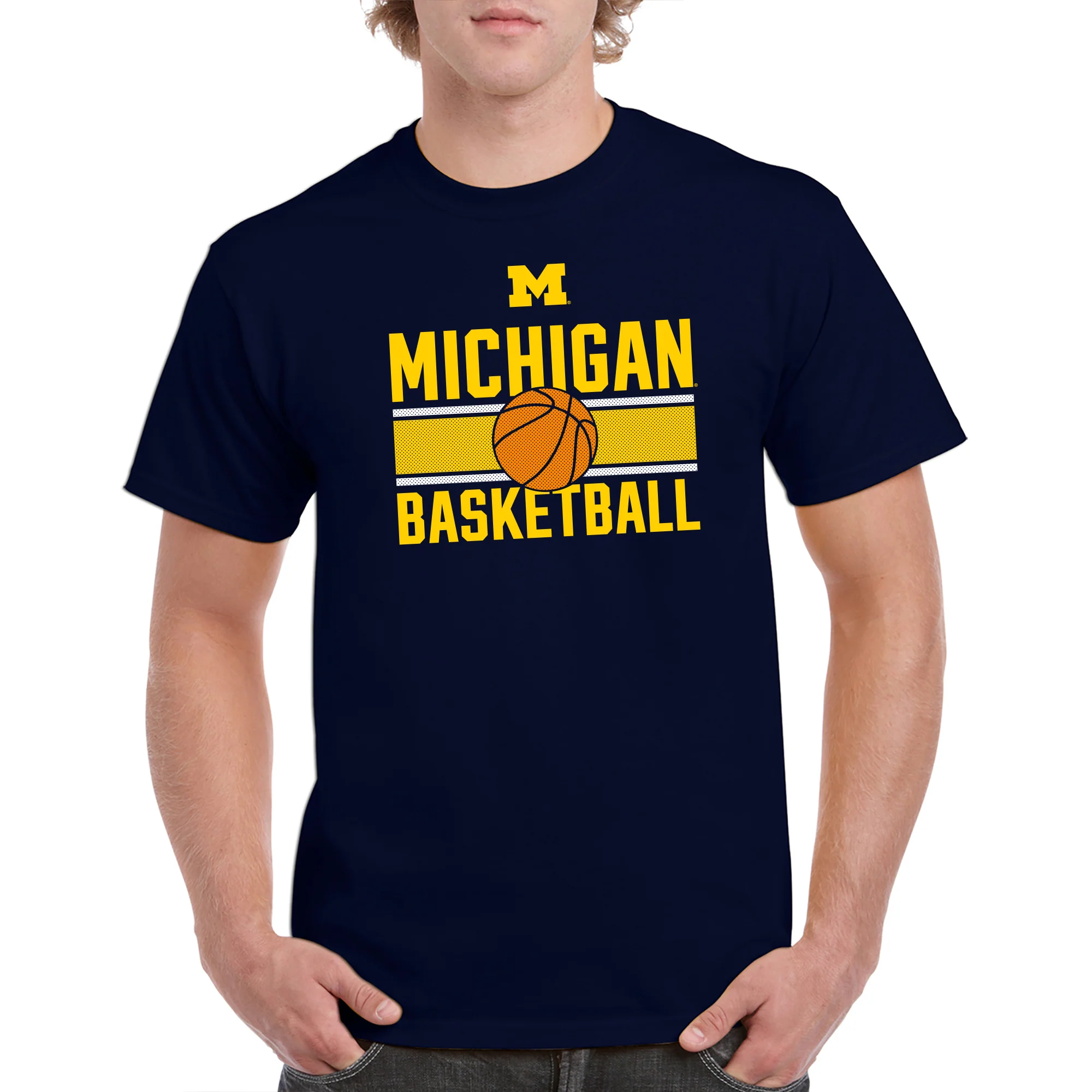 University of Michigan Wolverines Basketball Mesh Basic Cotton Short Sleeve T Shirt - Navy - Image 3