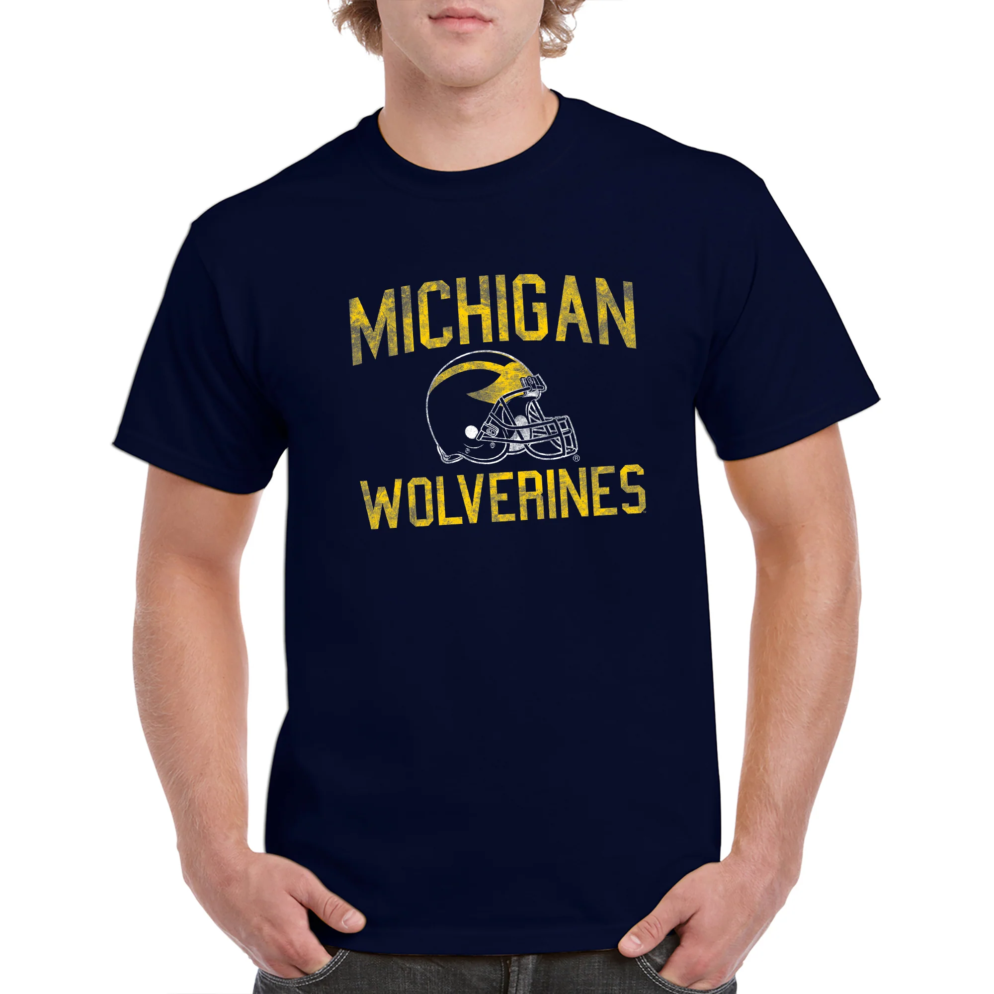 University of Michigan Wolverines Faded Football Helmet Basic Cotton Short Sleeve T Shirt - Navy - Image 3