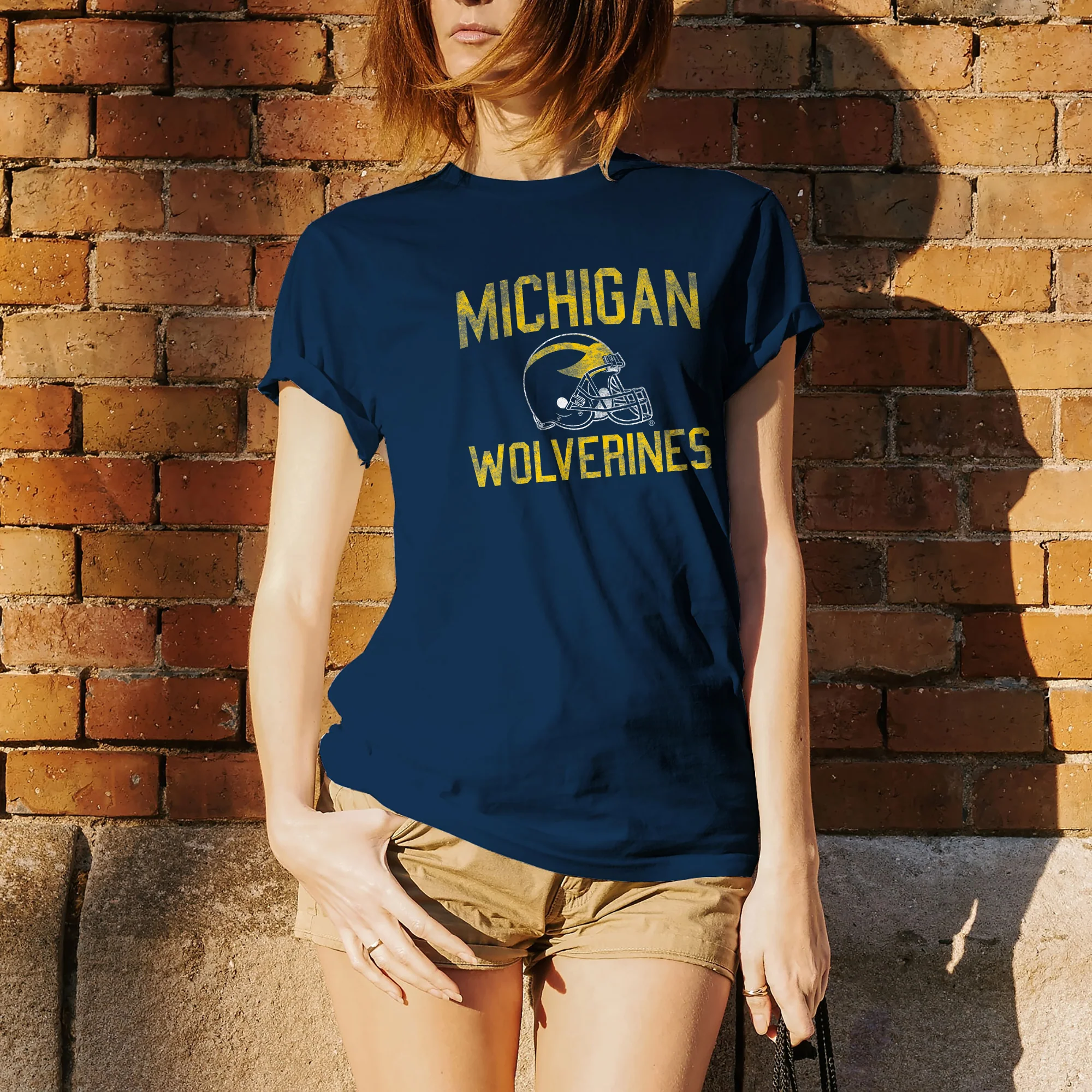 University of Michigan Wolverines Faded Football Helmet Basic Cotton Short Sleeve T Shirt - Navy - Image 4