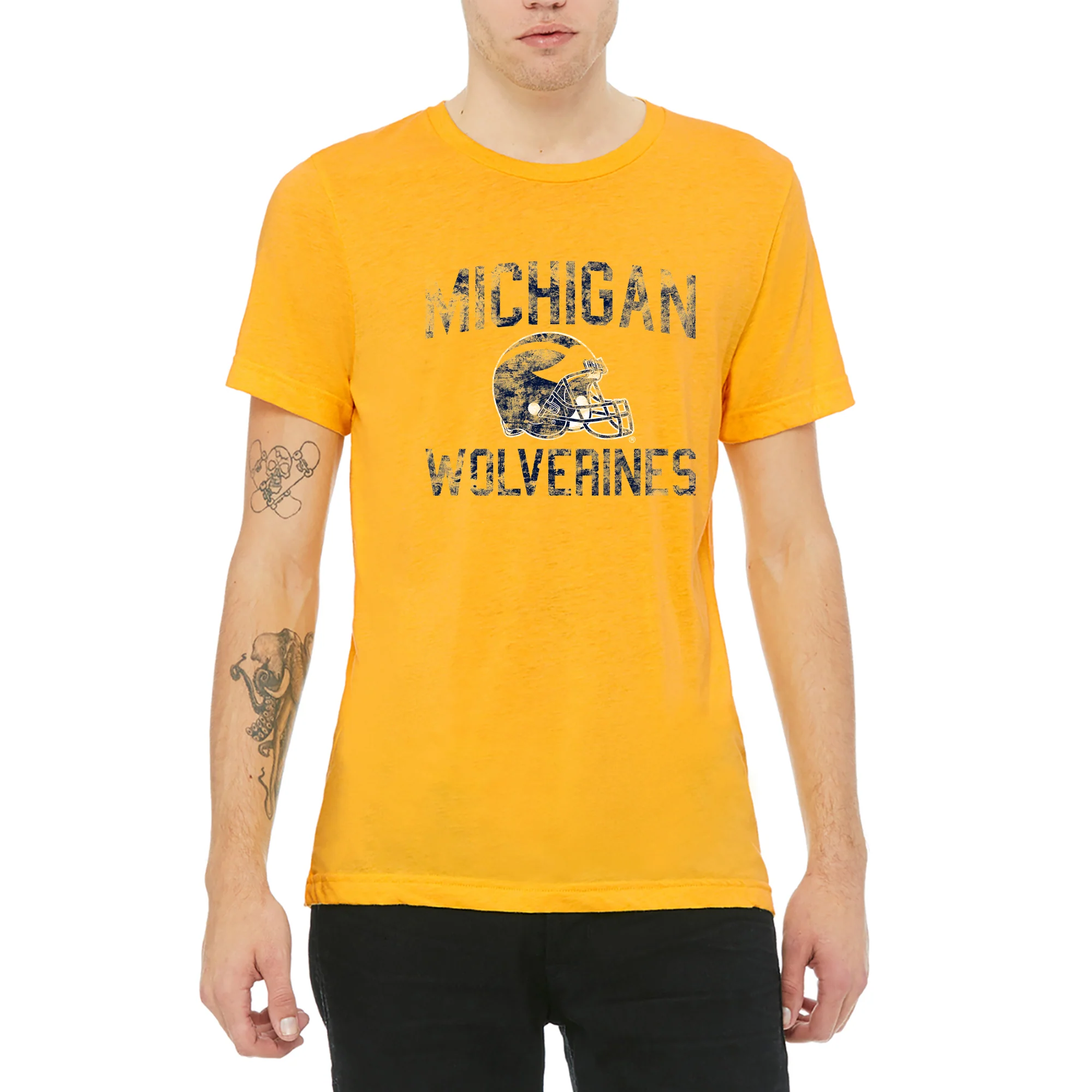 Michigan Faded Football Helmet Triblend T-Shirt - Yellow Gold Triblend - Image 3