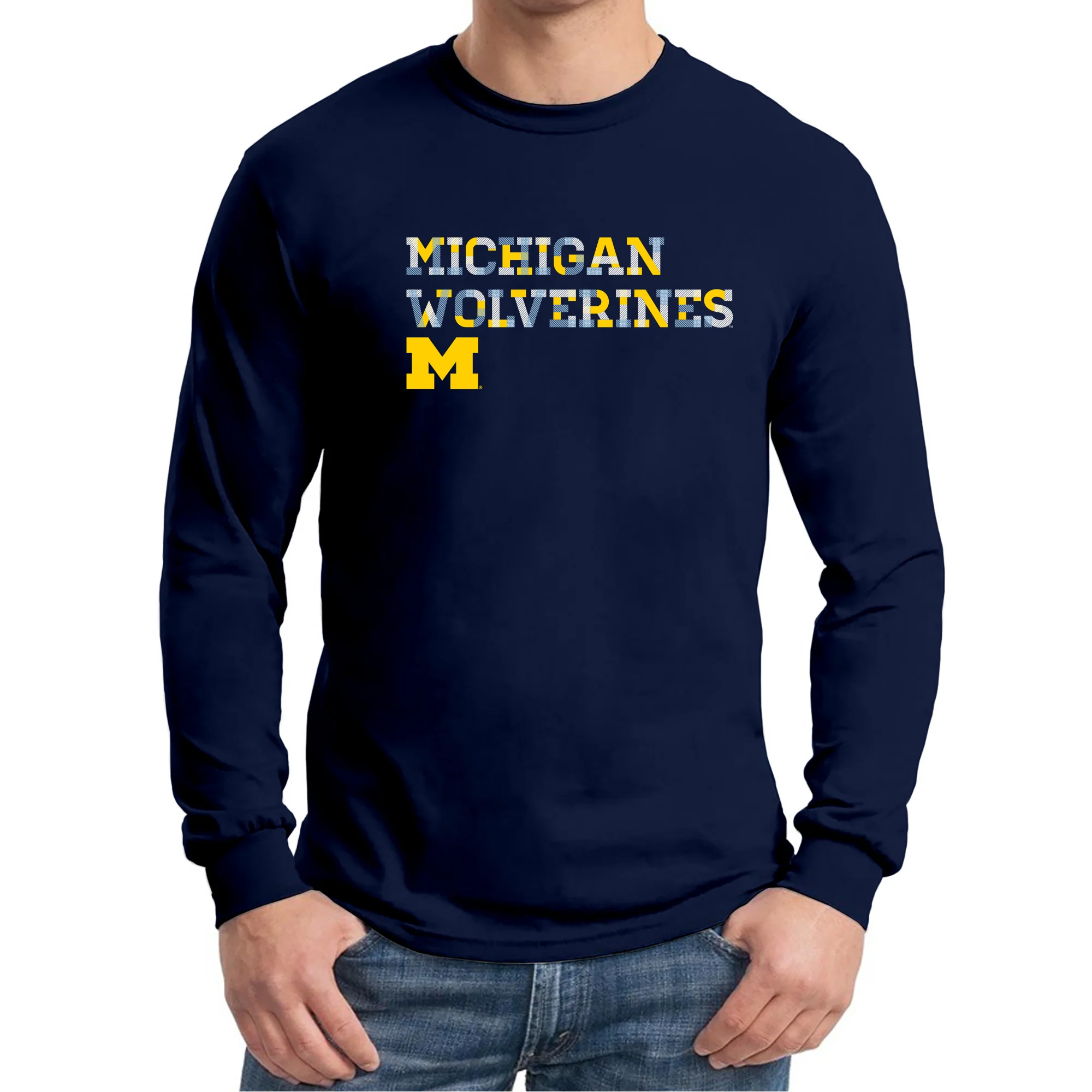 University of Michigan Wolverines Patchwork Cotton Long Sleeve T Shirt - Navy - Image 4