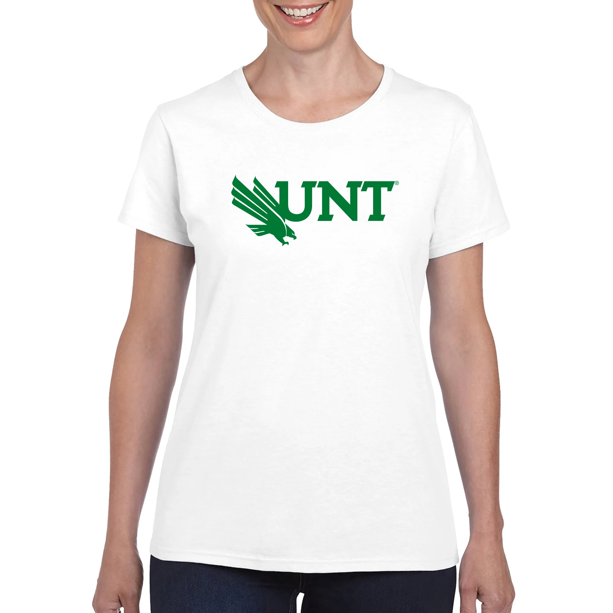 University of North Texas Mean Green Primary Logo Cotton Women's T-Shirt - White - Image 3