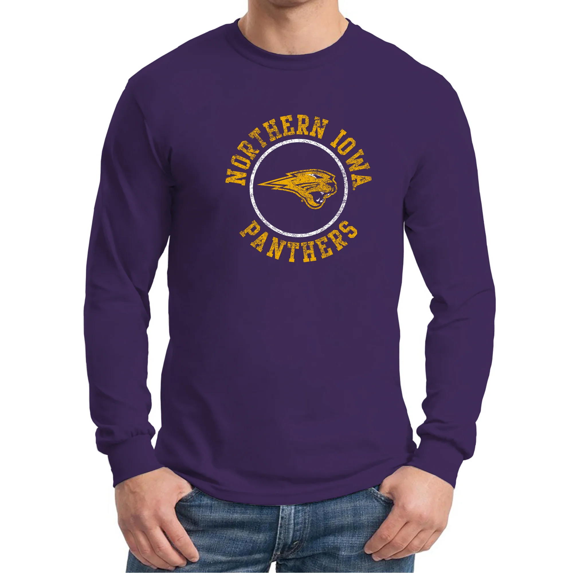 University of Northern Iowa Panthers Distressed Circle Logo Long Sleeve T Shirt - Purple - Image 3