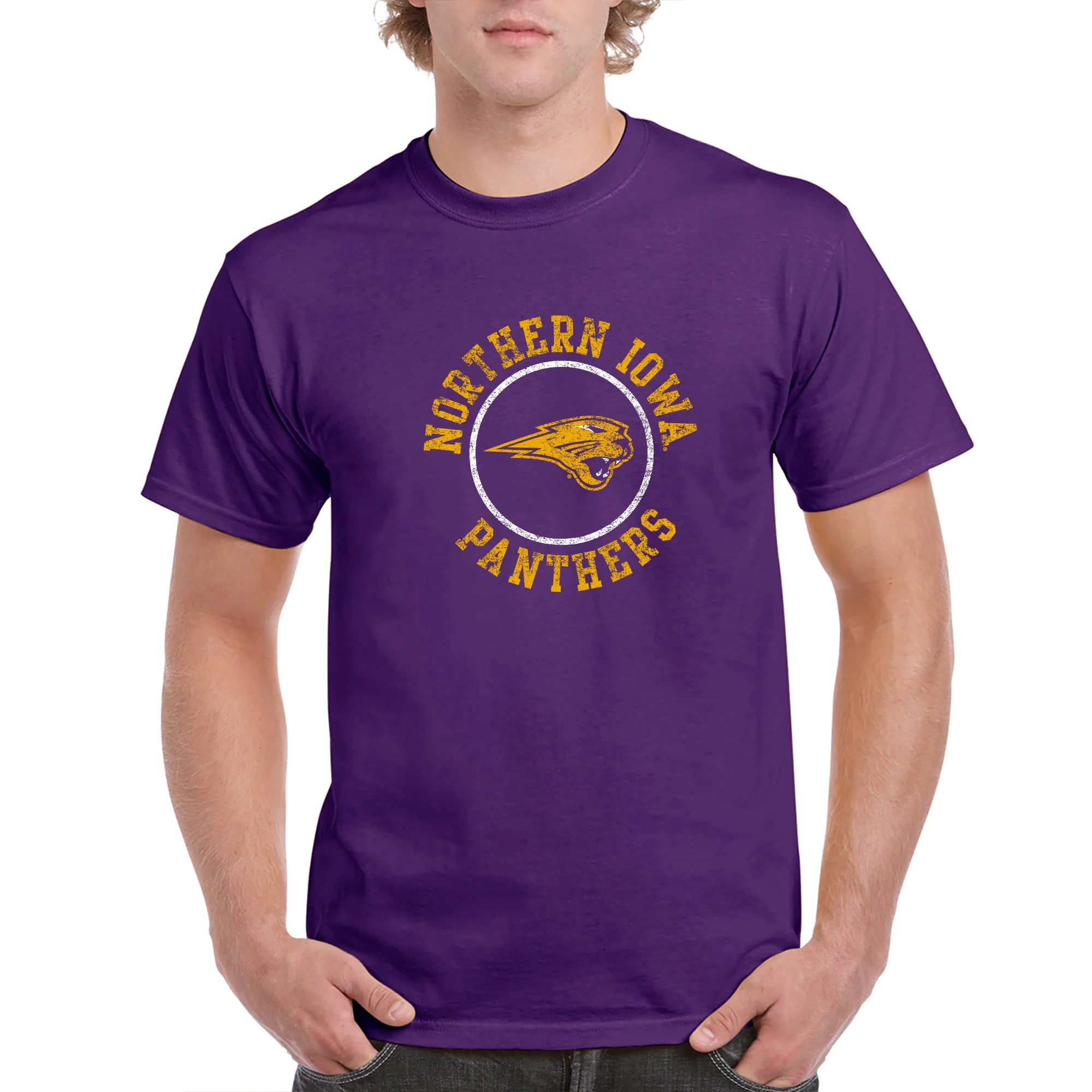University of Northern Iowa Panthers Distressed Circle Logo Short Sleeve T Shirt - Purple - Image 3