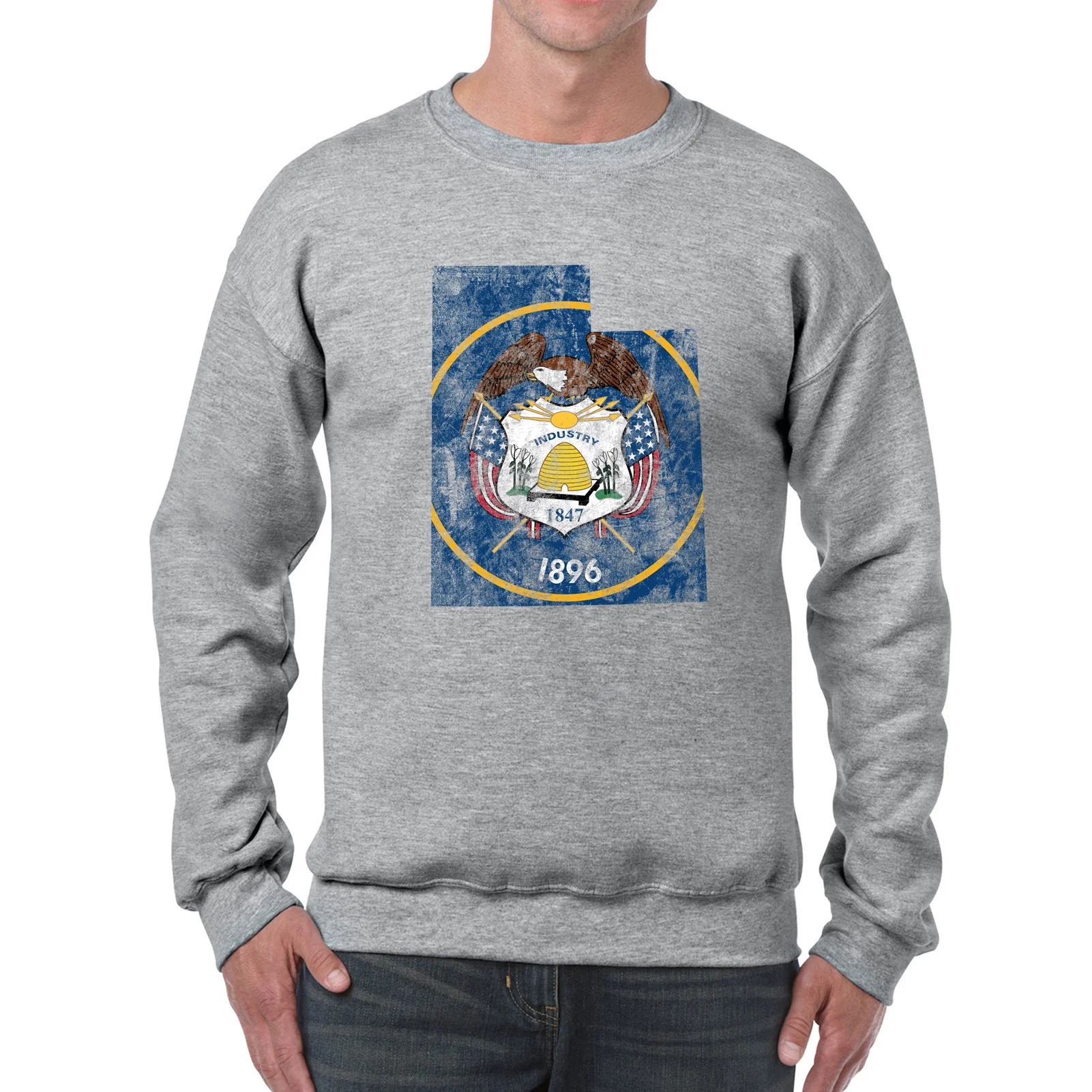 Utah Distressed State Flag Outline Crewneck Sweatshirt - Sport Grey - Image 3