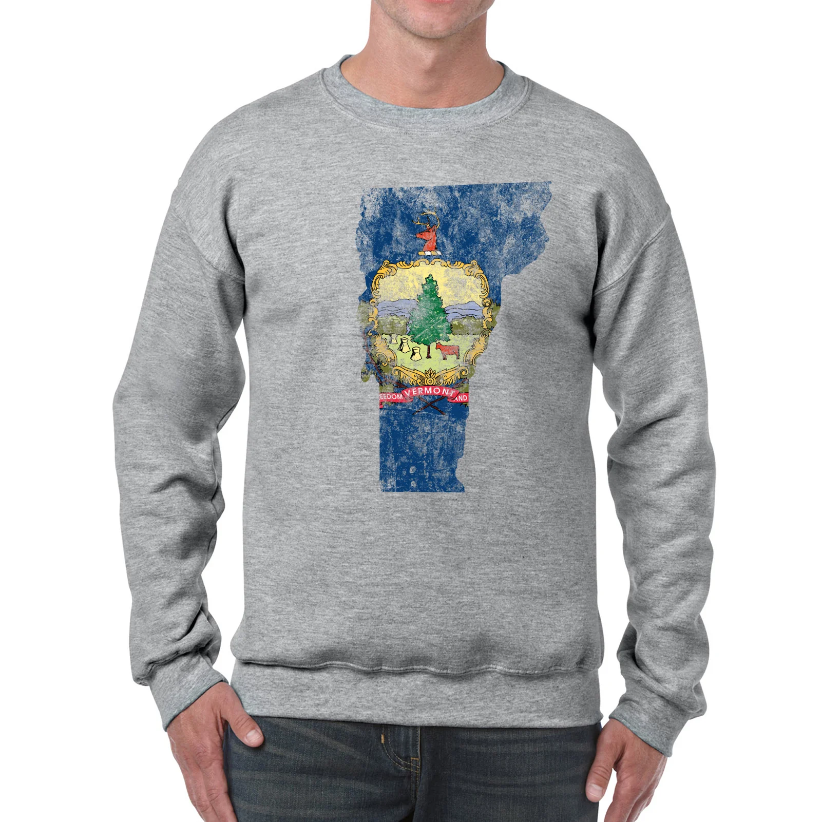 Vermont Distressed State Flag Outline Crewneck Sweatshirt - Sport Grey - Image 3