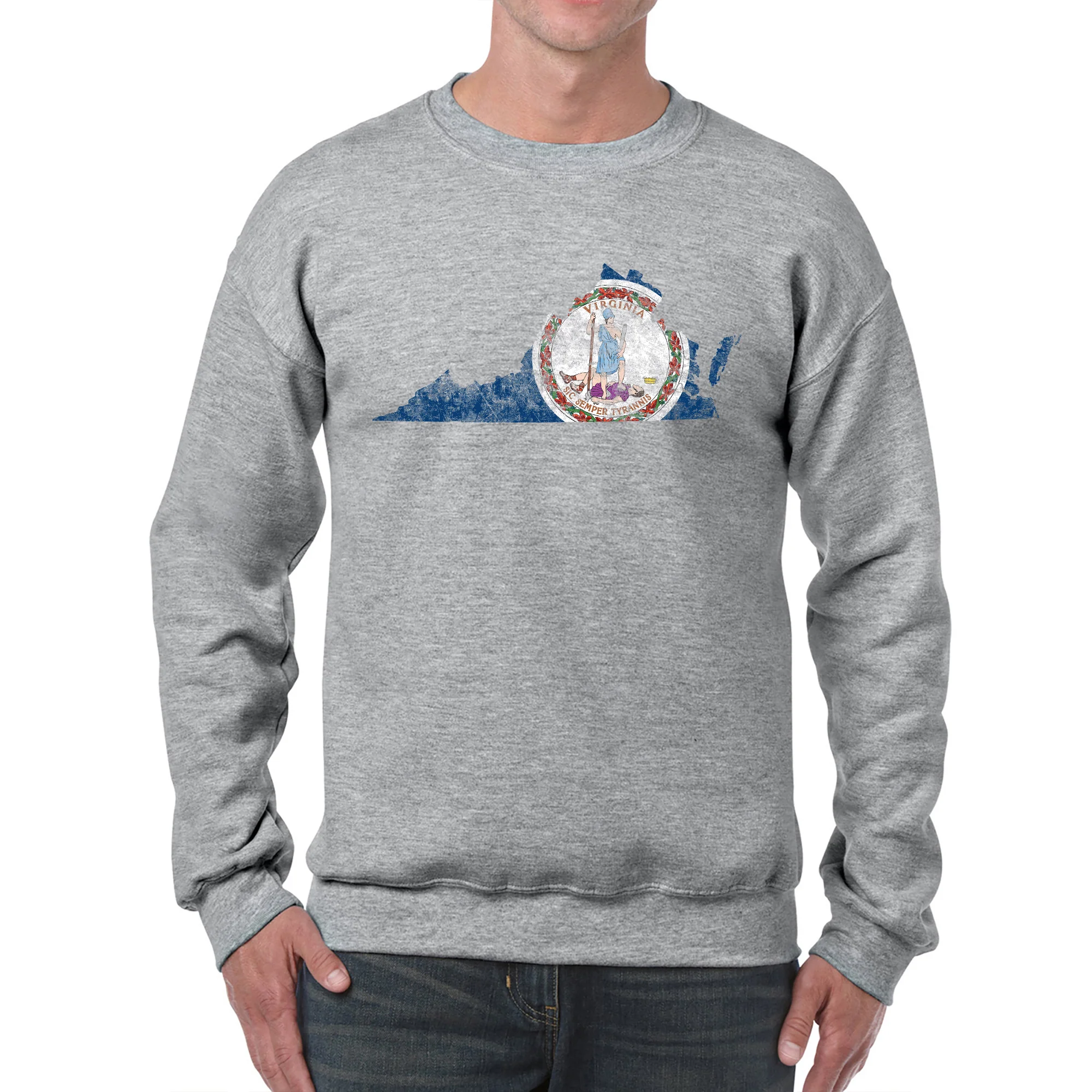Virginia Distressed State Flag Outline Crewneck Sweatshirt - Sport Grey - Image 3