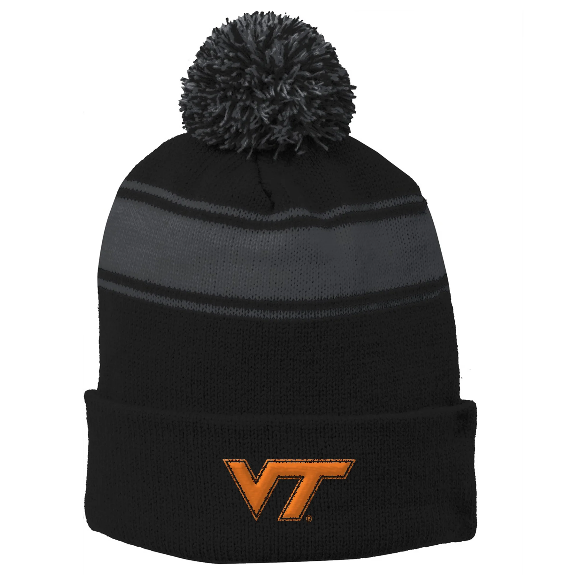 Virginia Tech Primary Logo Stripe Pom Pom Beanie - Black/Iron Grey
