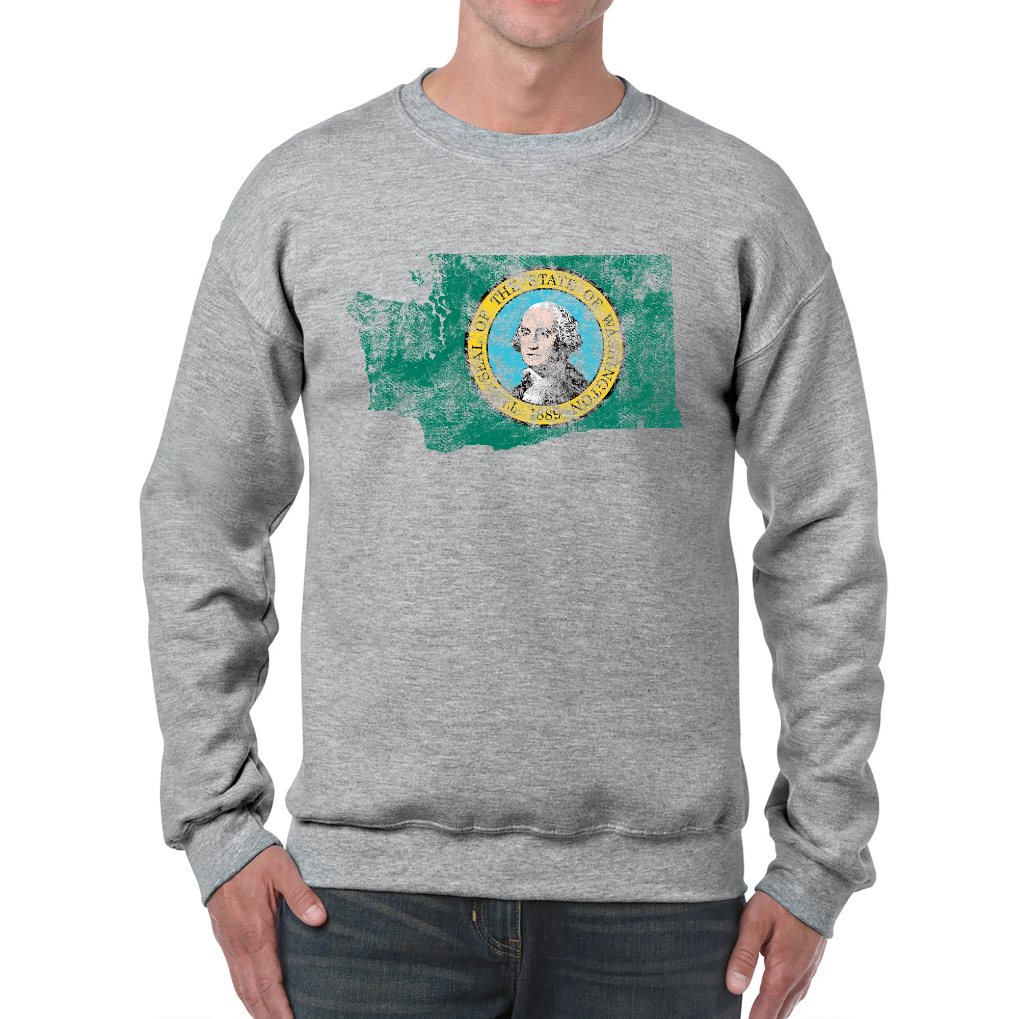 Washington Distressed State Flag Outline Crewneck Sweatshirt - Sport Grey - Image 3