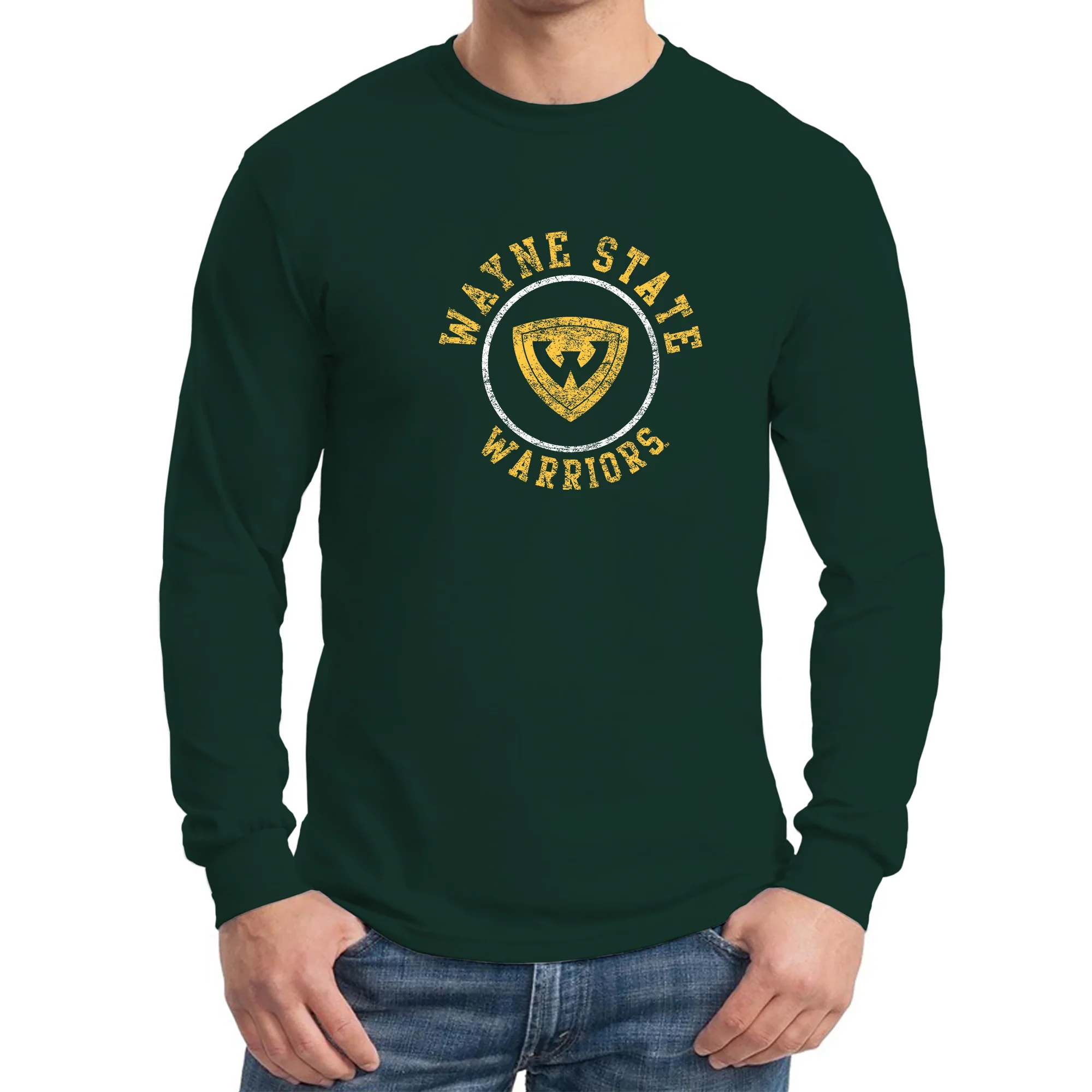 Wayne State University Warriors Distressed Circle Logo Long Sleeve T-Shirt - Forest - Image 3