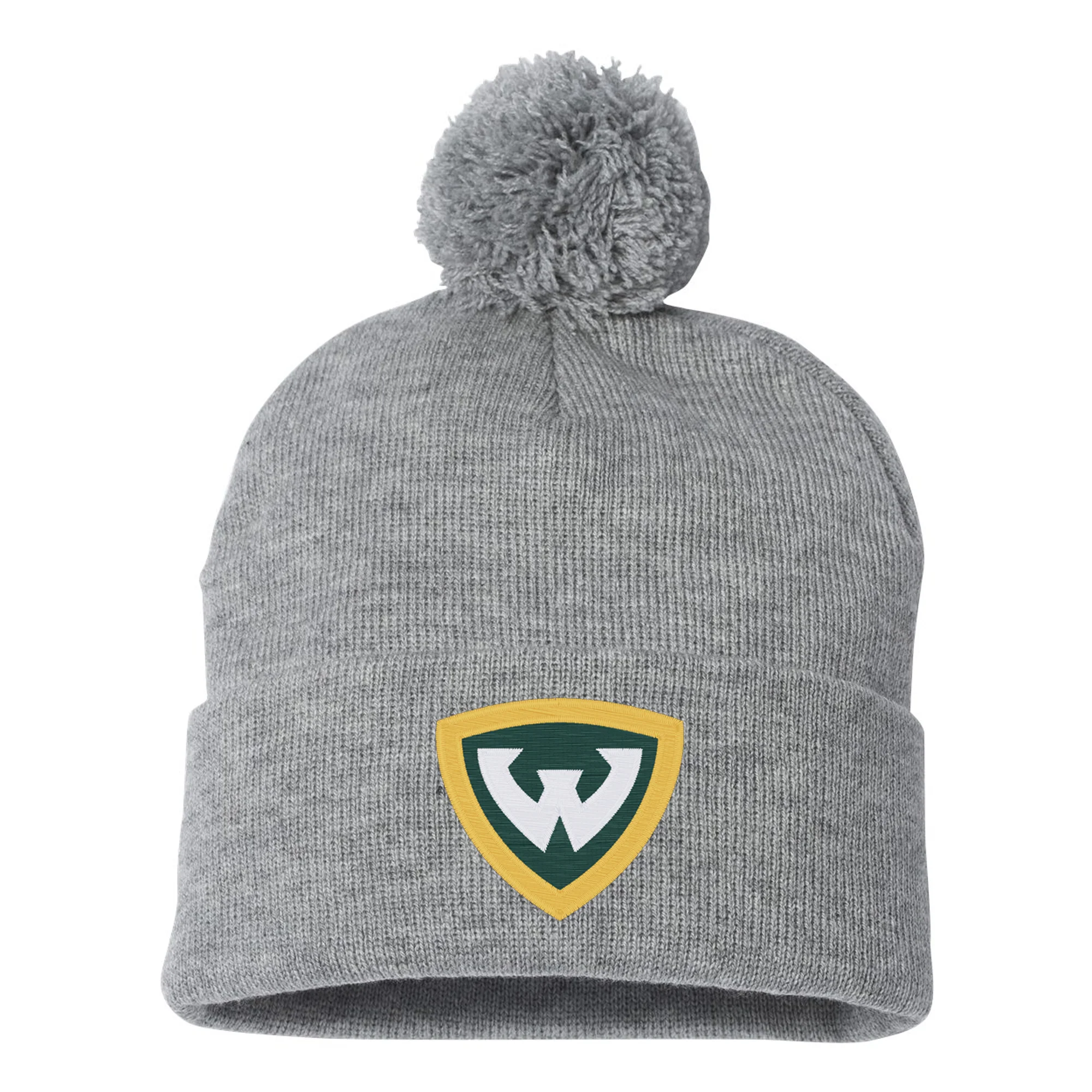 Wayne State Primary Logo Pom Pom Cuffed Beanie - Heather Grey