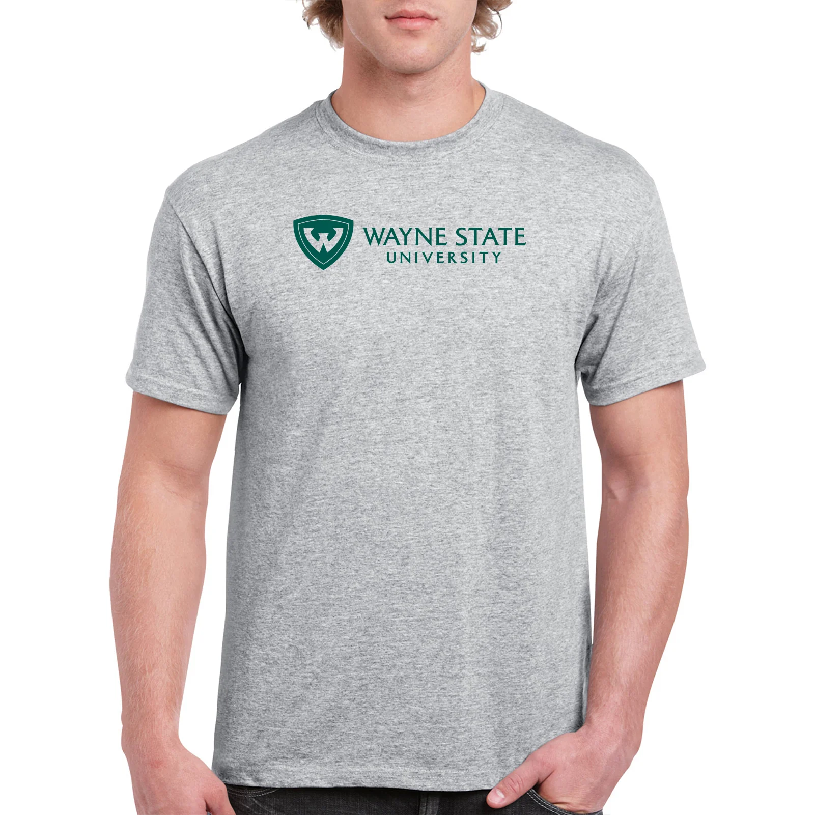 Wayne State University Warriors Institutional Logo Short Sleeve T Shirt - Sport Grey - Image 4