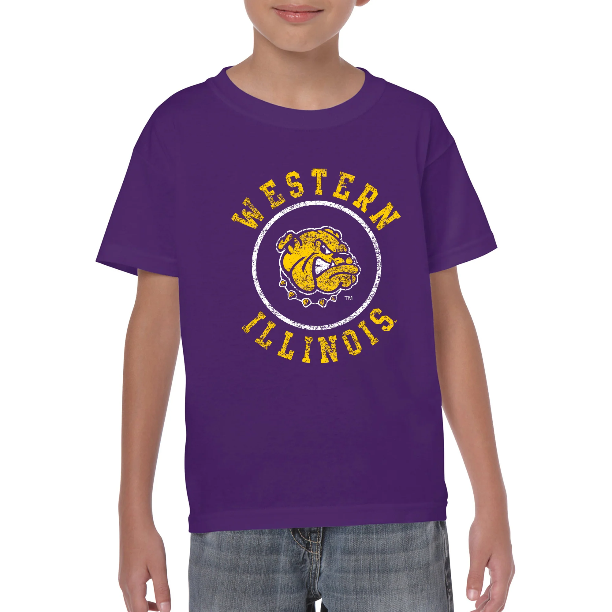 Western Illinois University Leathernecks Distressed Circle Logo Youth Short Sleeve T Shirt - Purple - Image 3