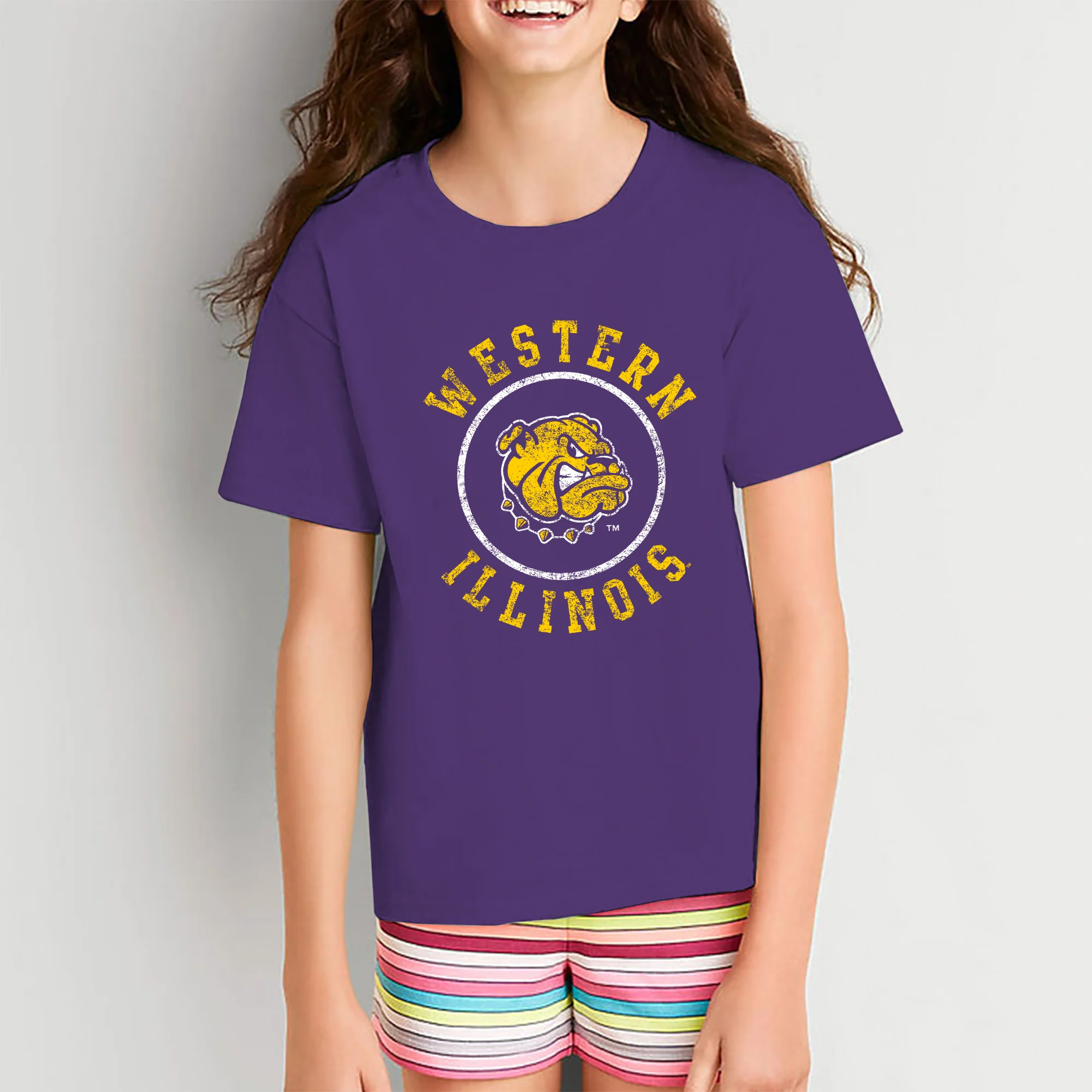 Western Illinois University Leathernecks Distressed Circle Logo Youth Short Sleeve T Shirt - Purple - Image 4
