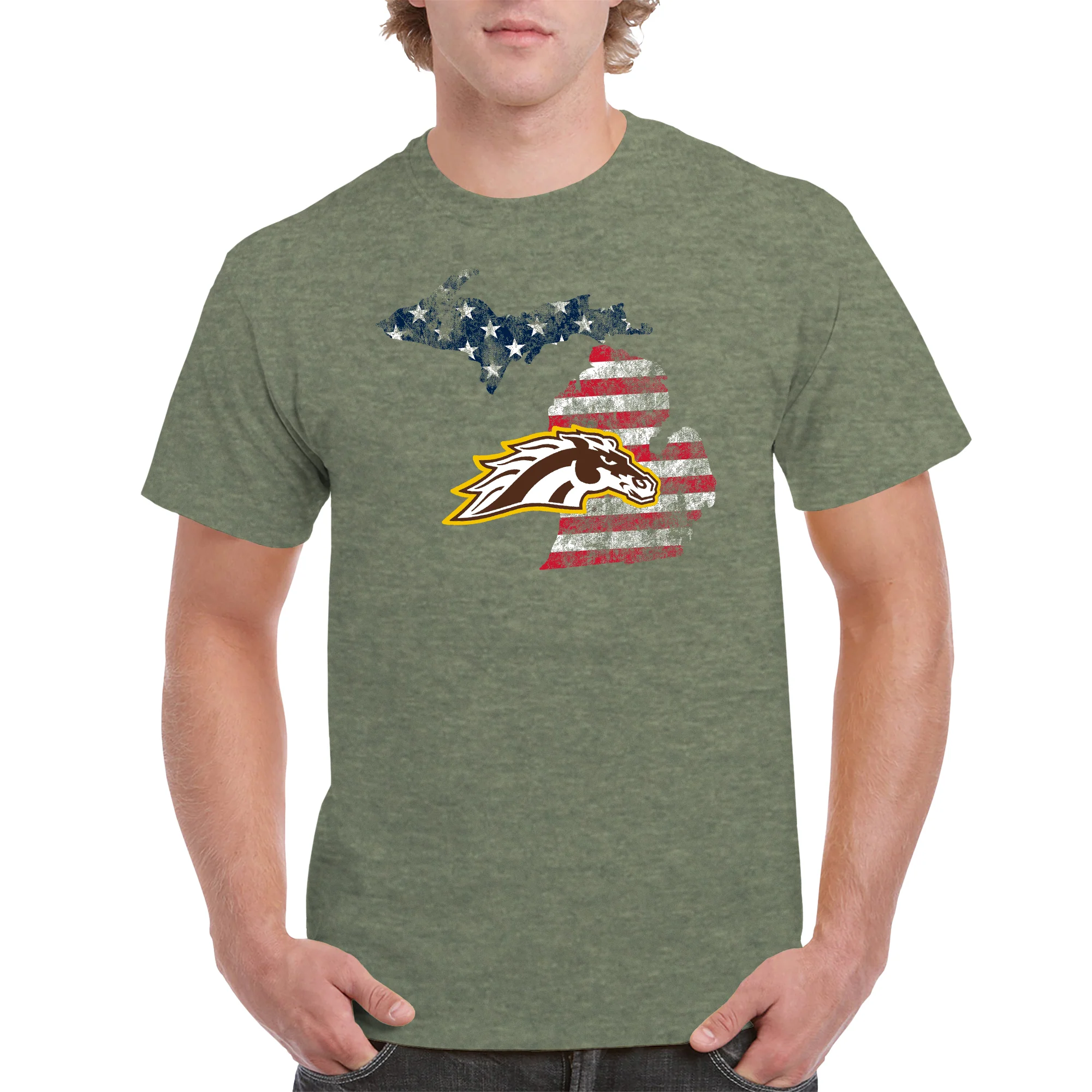 Western Michigan Patriotic State Silhouette T-Shirt - Heather Military - Image 3