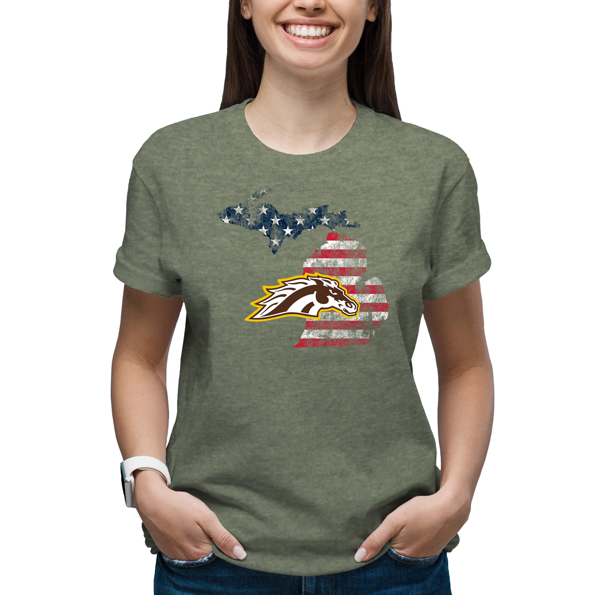 Western Michigan Patriotic State Silhouette T-Shirt - Heather Military - Image 4