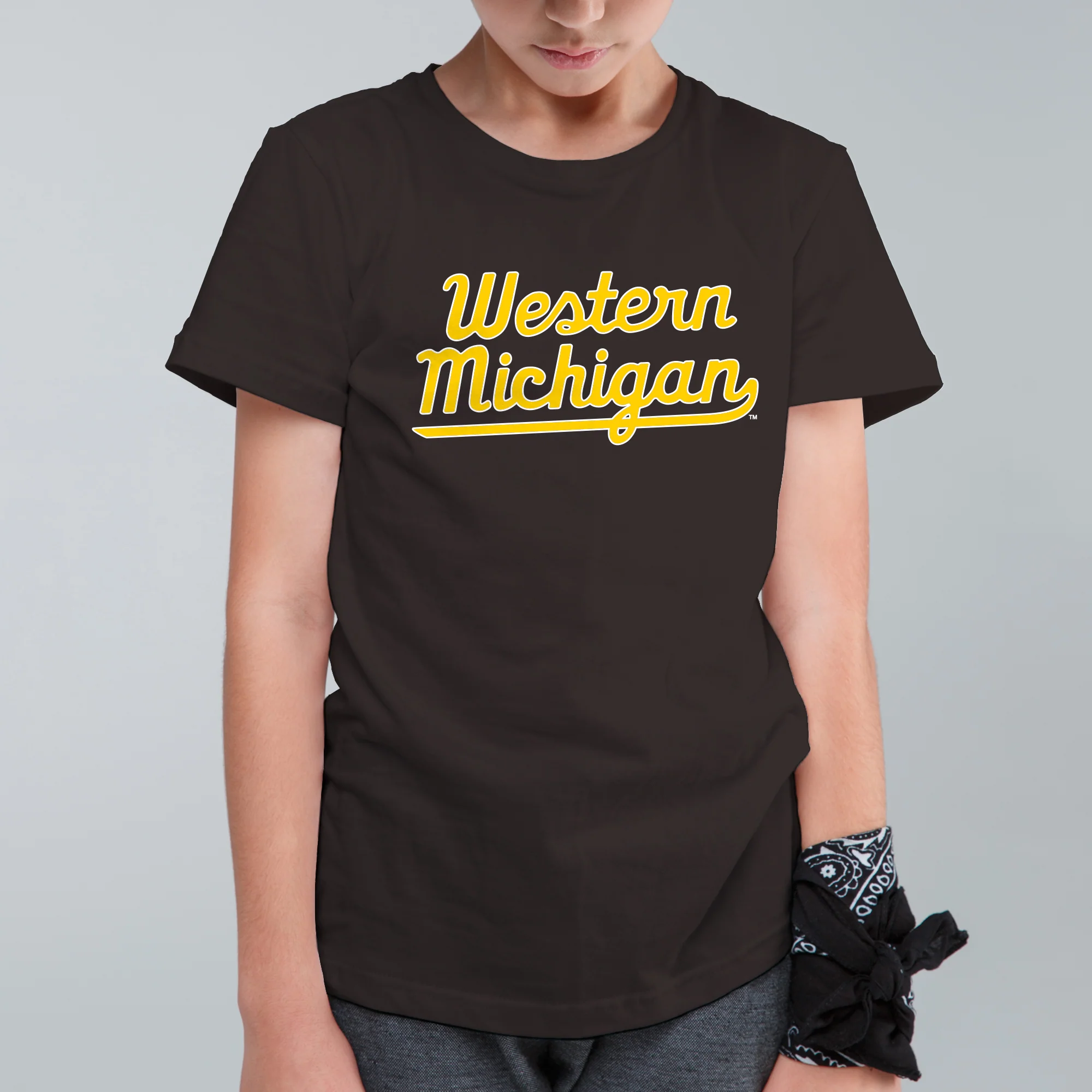 Western Michigan Script Wordmark Youth T-Shirt - Dark Chocolate - Image 3