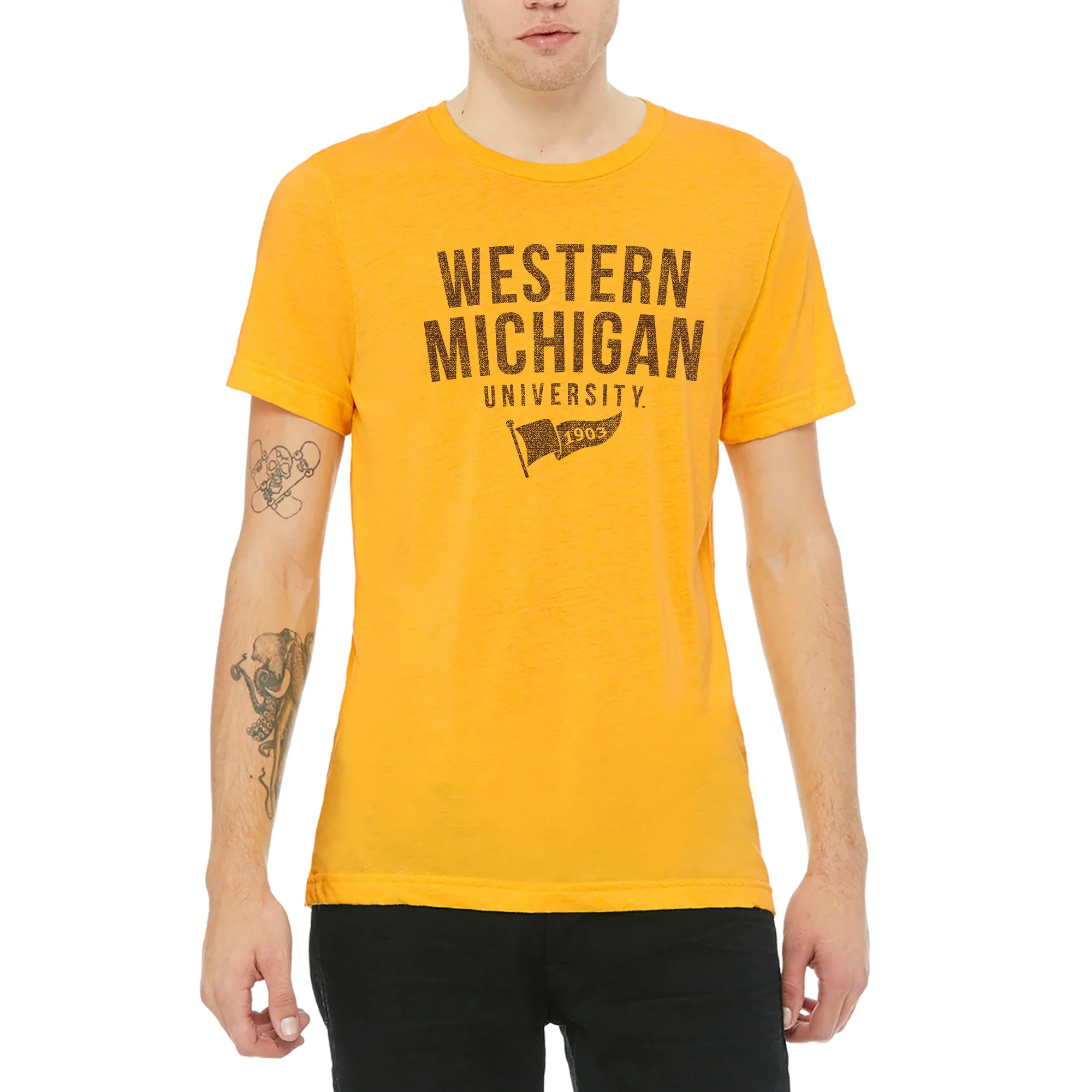 Western Michigan University Broncos 1903 Banner Canvas Short Sleeve Triblend T-Shirt - Yellow Gold - Image 3