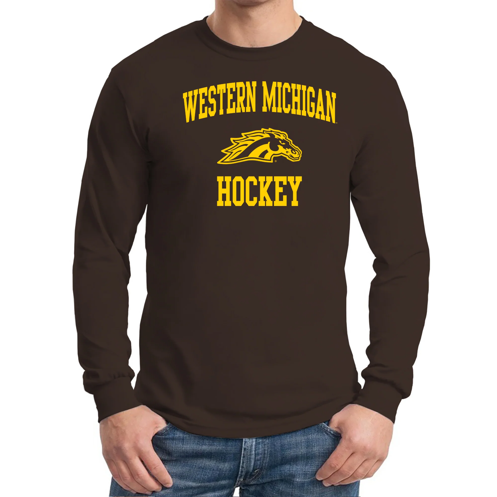 Western Michigan University Broncos Arch Logo Hockey Long Sleeve T Shirt - Dark Chocolate - Image 4