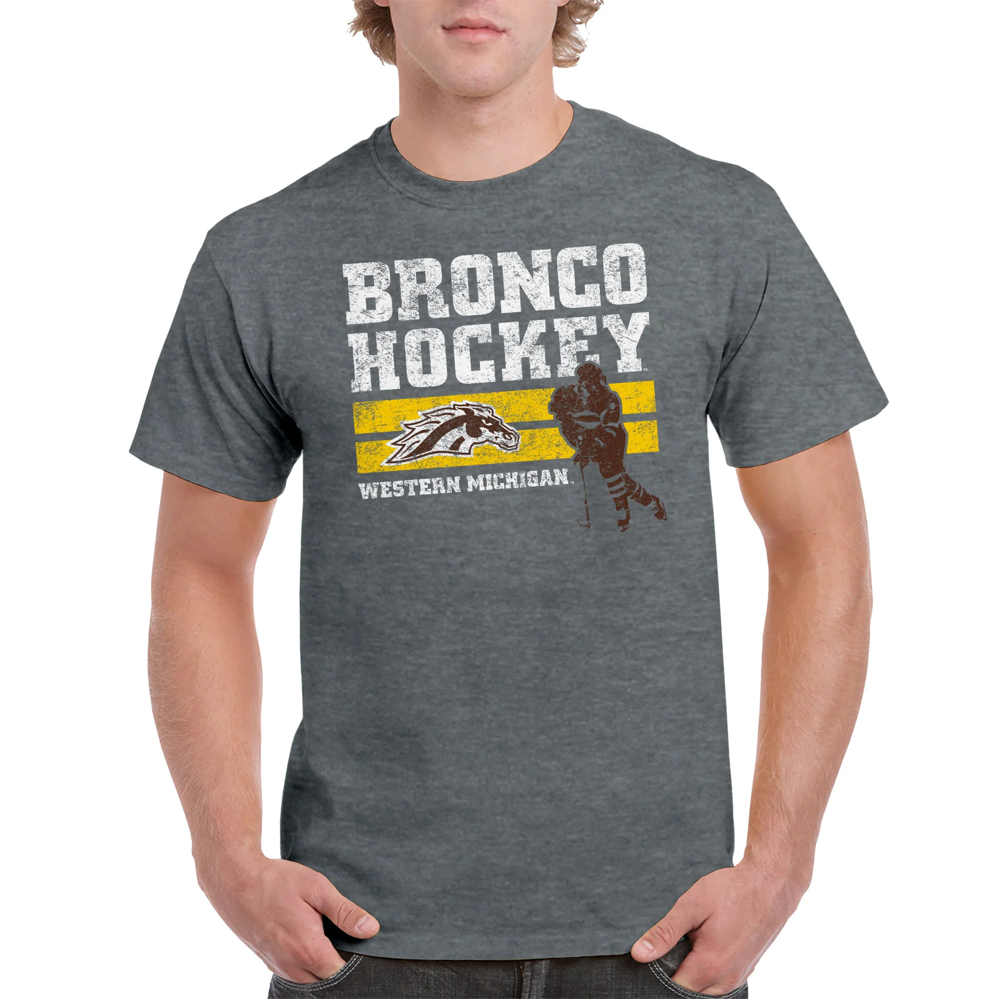 Western Michigan University Retro Hockey Basic Cotton T Shirt - Graphite Heather - Image 3