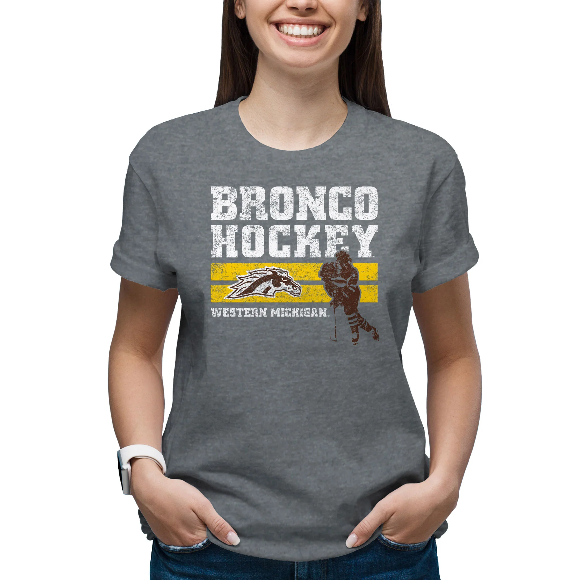 Western Michigan University Retro Hockey Basic Cotton T Shirt - Graphite Heather - Image 4