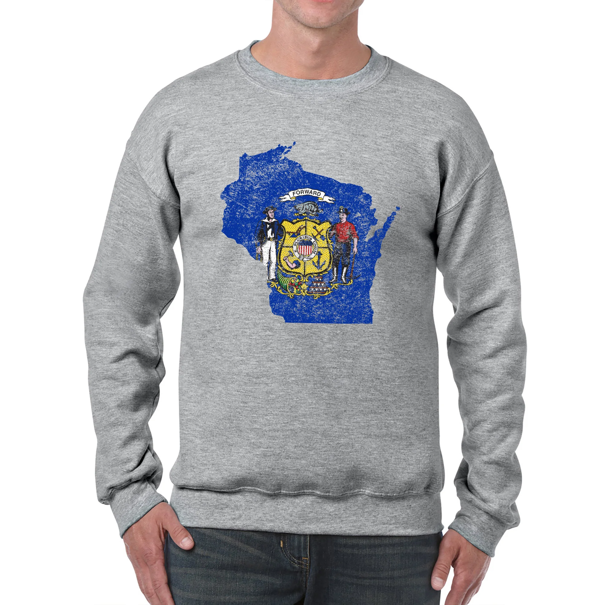 Wisconsin Distressed State Flag Outline Crewneck Sweatshirt - Sport Grey - Image 3