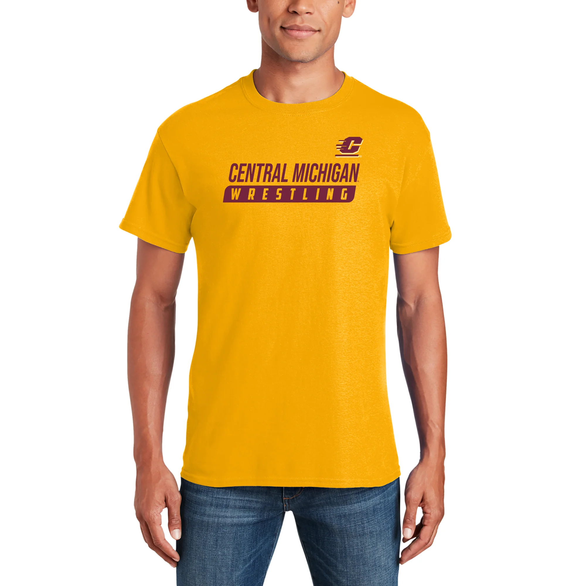 Central Michigan University Chippewas Wrestling Slant Basic Cotton Short Sleeve T Shirt - Gold - Image 3