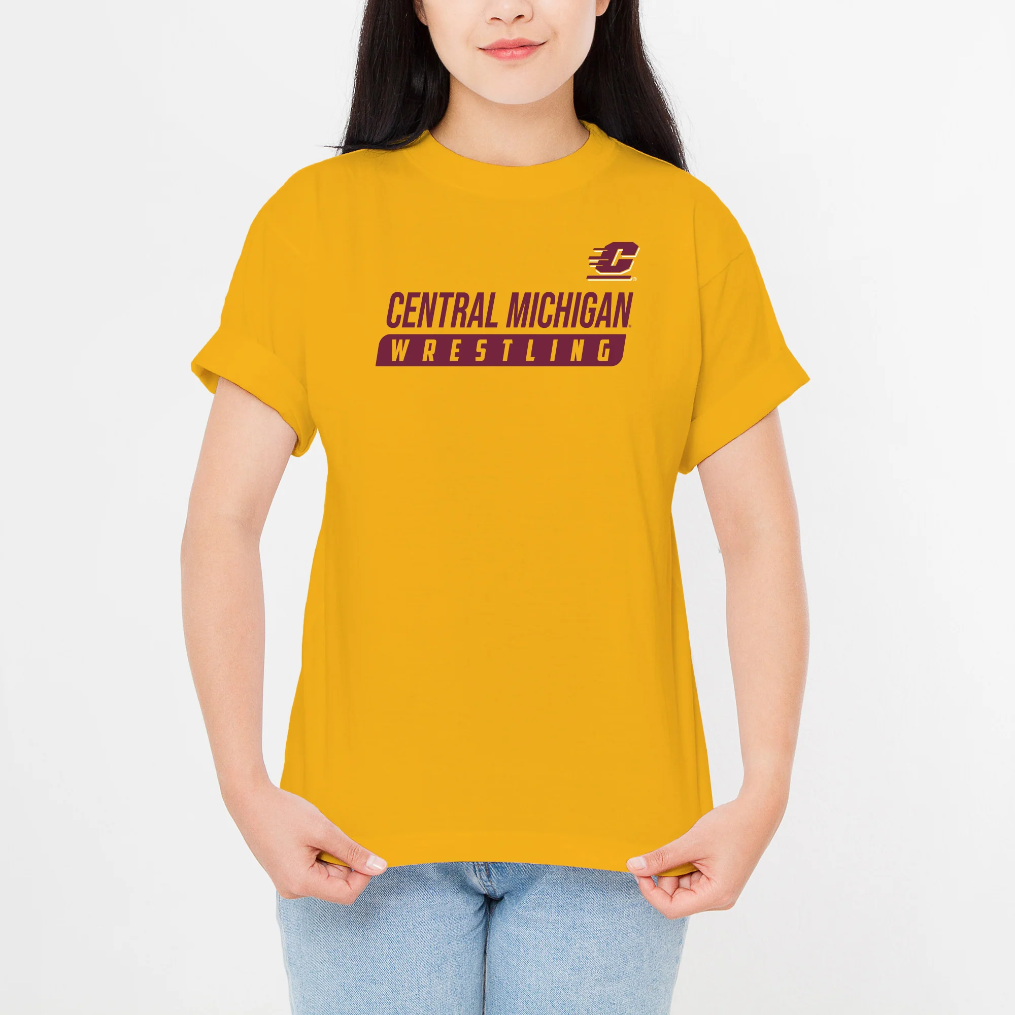 Central Michigan University Chippewas Wrestling Slant Basic Cotton Short Sleeve T Shirt - Gold - Image 4