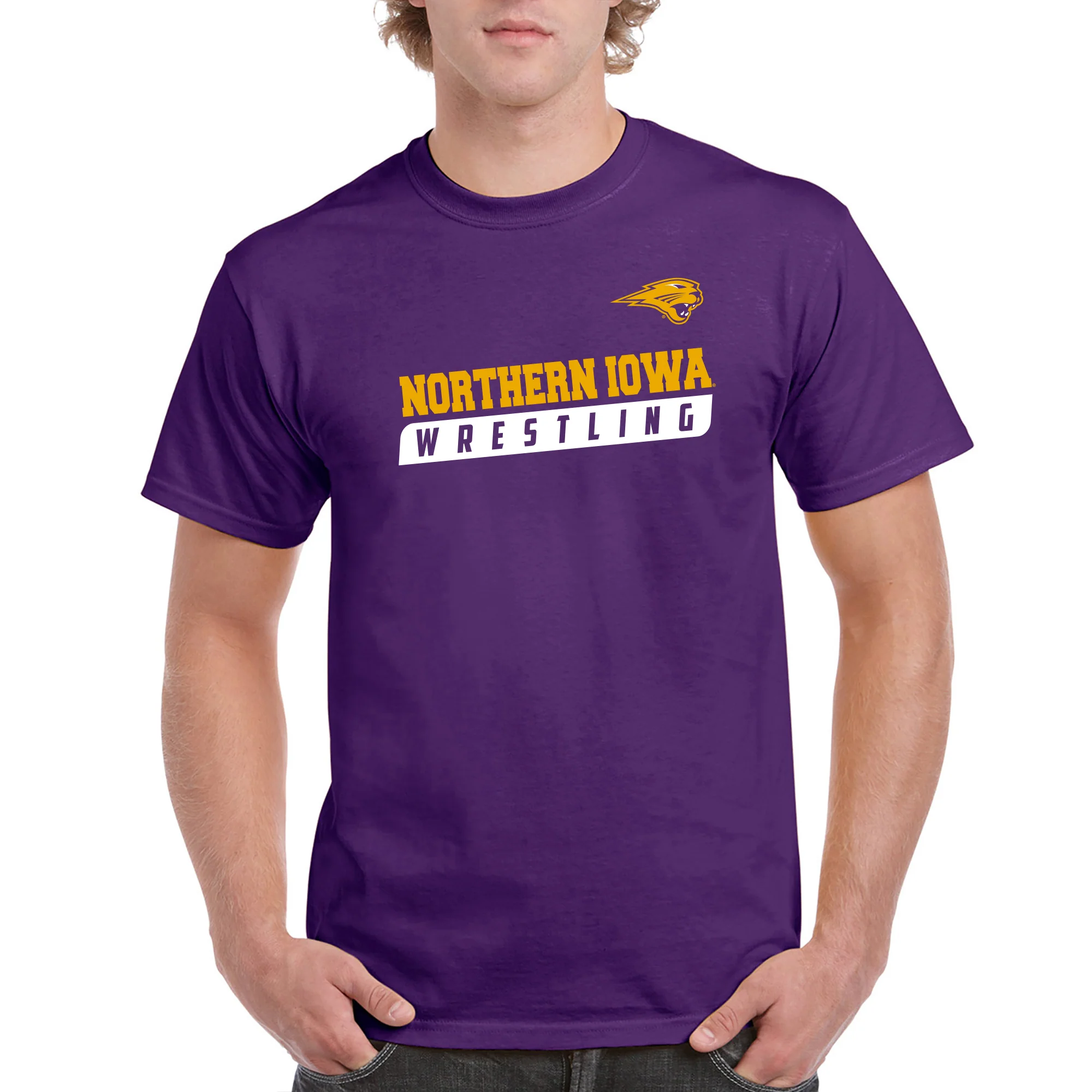 University of Northern Iowa Panthers Wrestling Slant Basic Cotton Short Sleeve T Shirt - Purple - Image 3