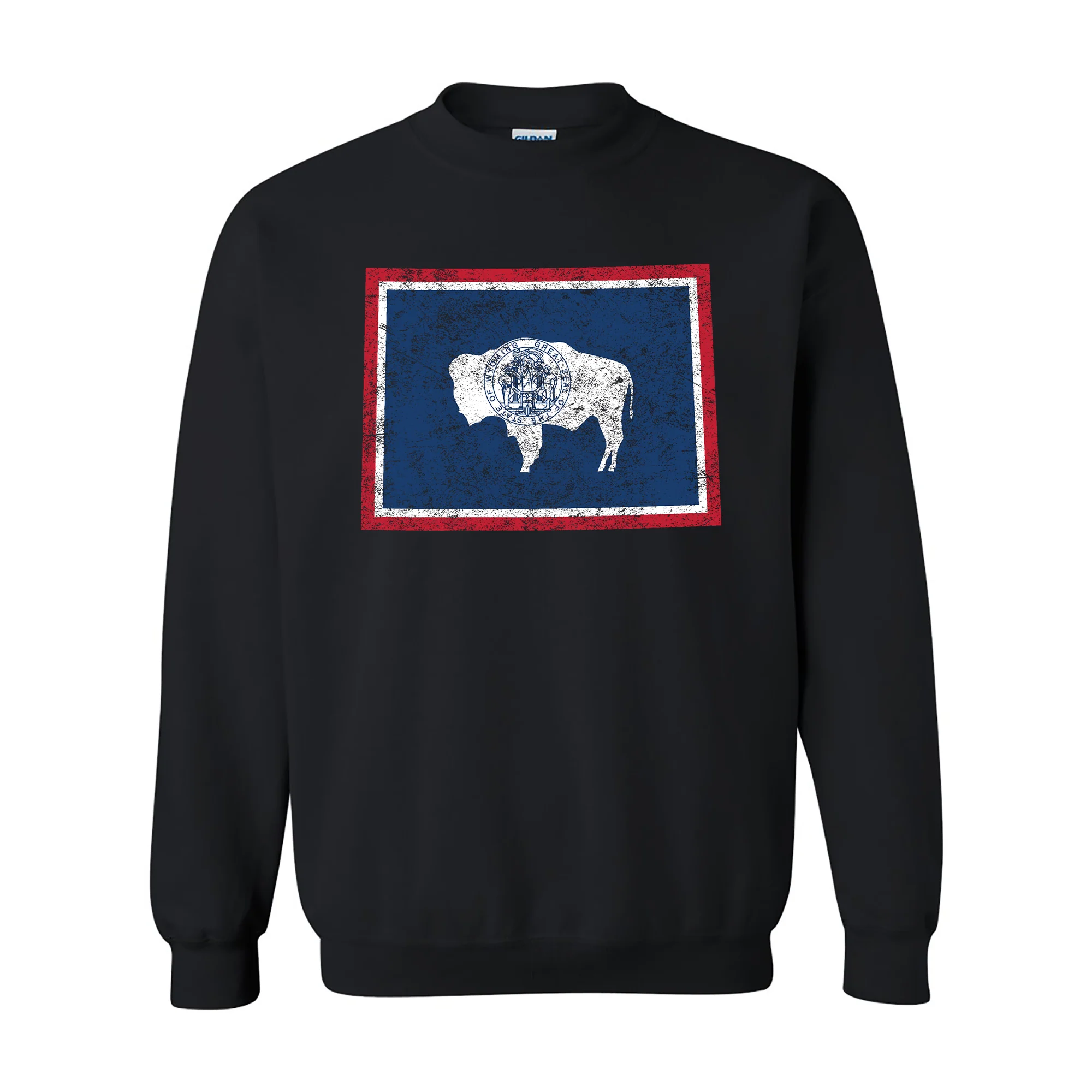 Wyoming Distressed State Flag Outline Crewneck Sweatshirt - Black