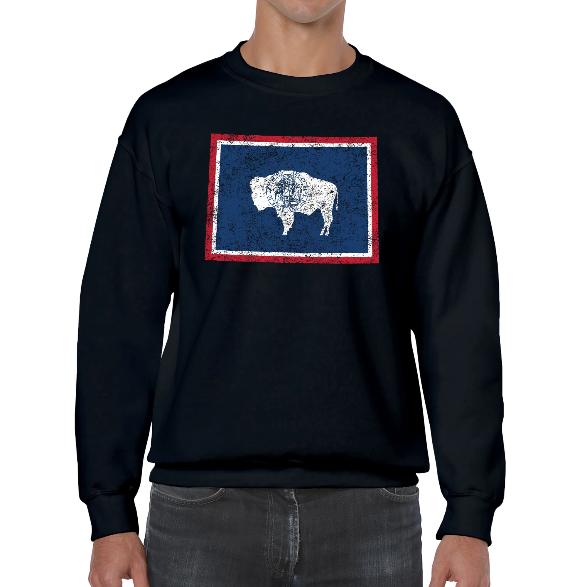 Wyoming Distressed State Flag Outline Crewneck Sweatshirt - Black - Image 3
