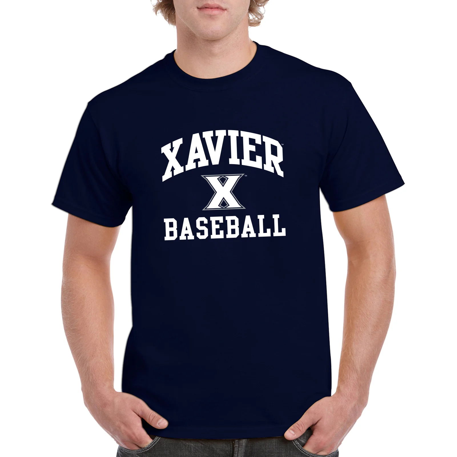 Xavier University Musketeers Arch Logo Baseball Short Sleeve T Shirt - Navy - Image 3