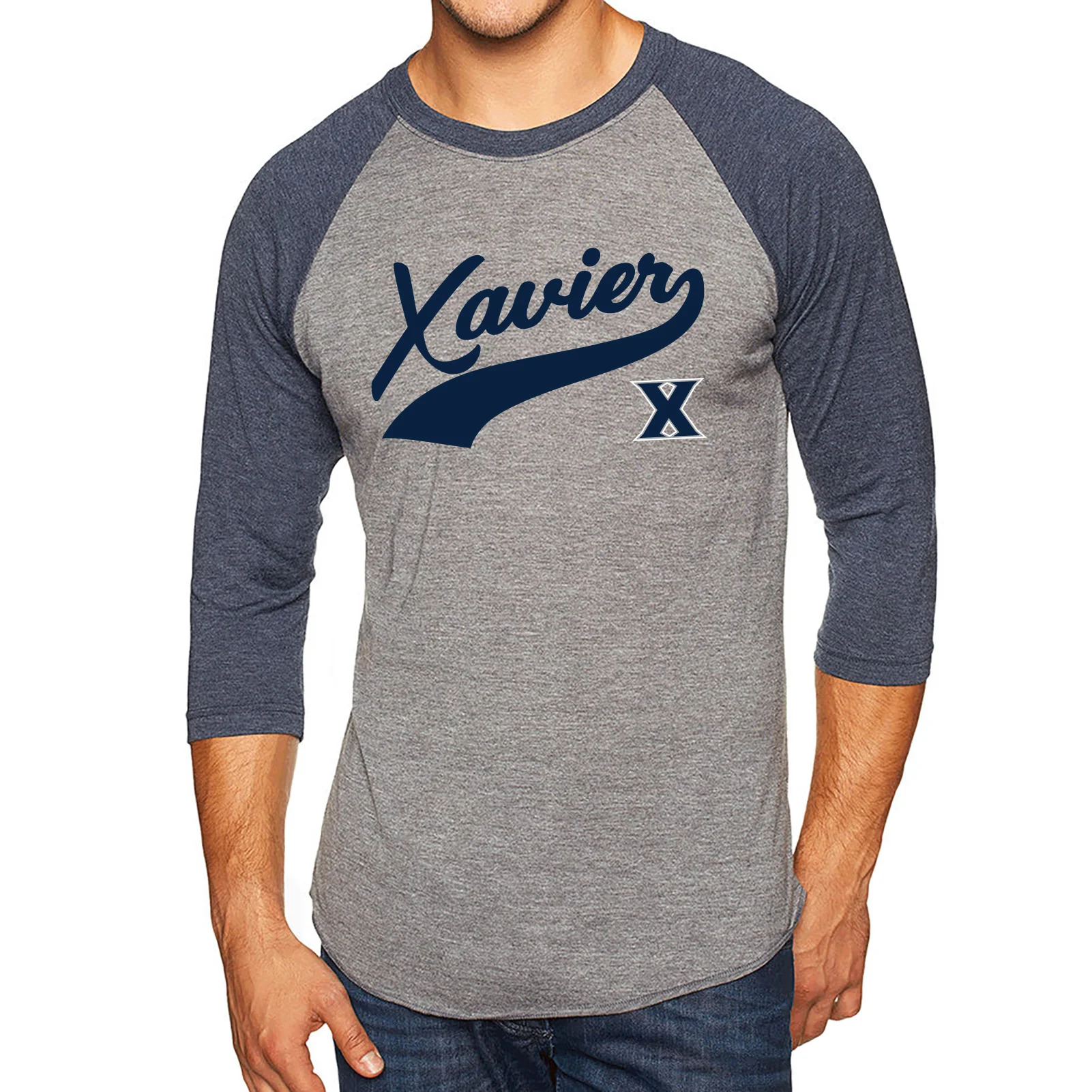 Xavier University Musketeers Baseball Script Raglan - Premium Htr/Vintage Navy - Image 3