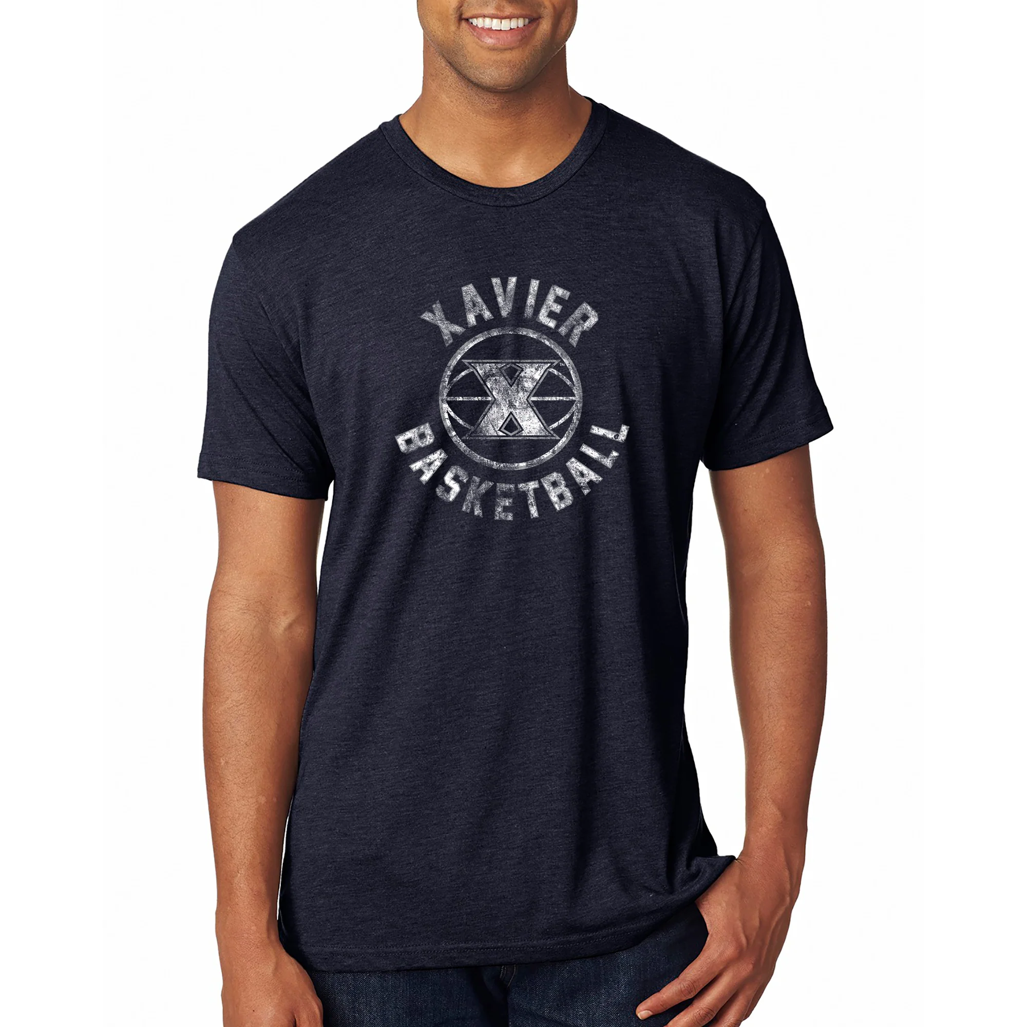 Xavier University Musketeers Basketball Distress Short Sleeve T-Shirt - Vintage Navy - Image 3