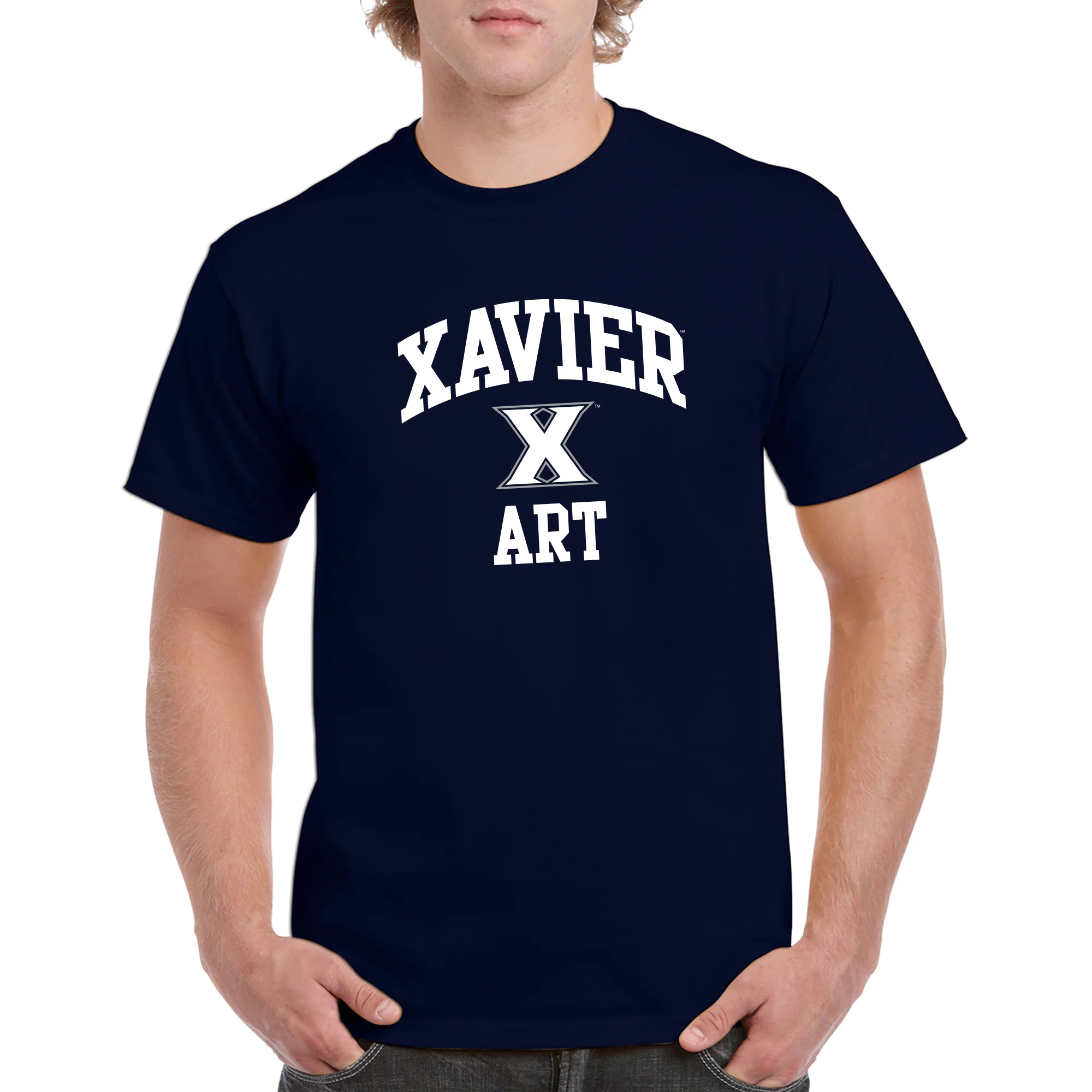 Xavier University Musketeers Arch Logo Art Basic Cotton Short Sleeve T Shirt - Navy - Image 3