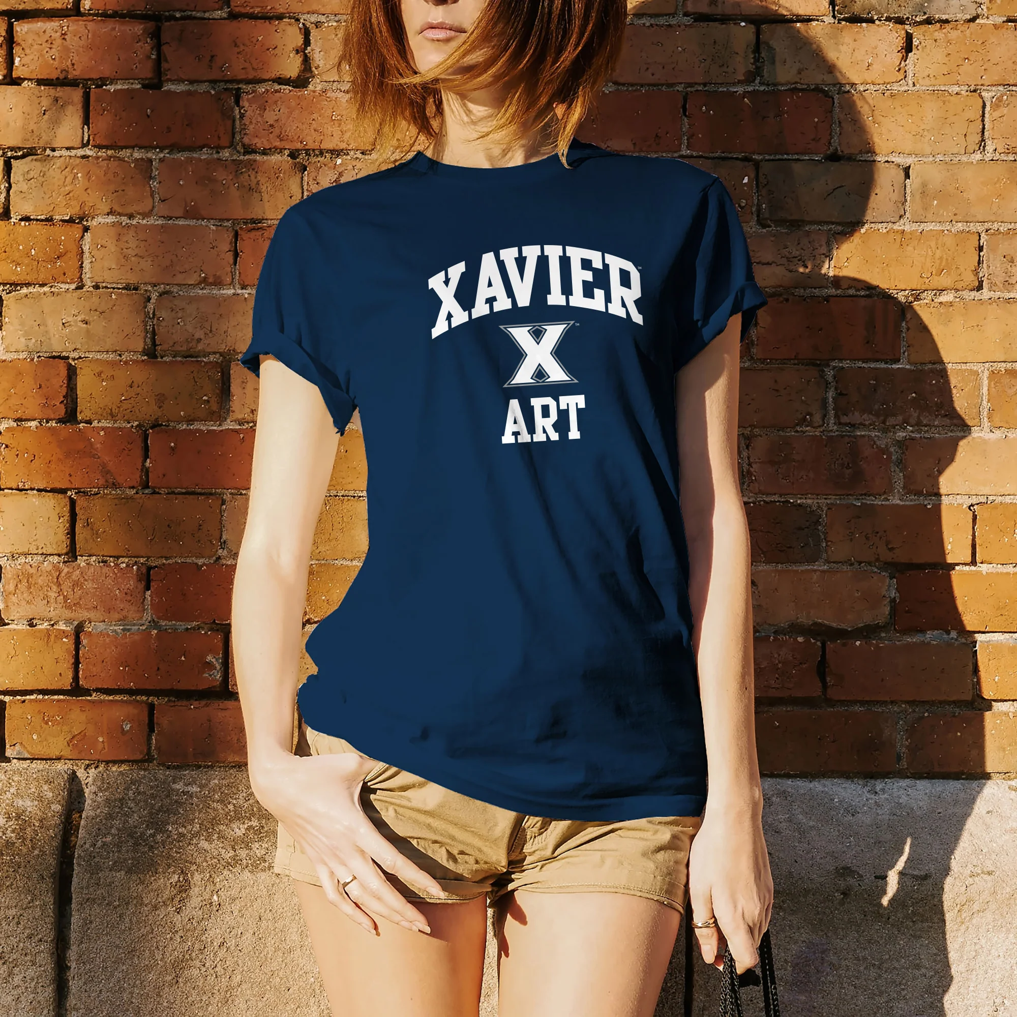 Xavier University Musketeers Arch Logo Art Basic Cotton Short Sleeve T Shirt - Navy - Image 4