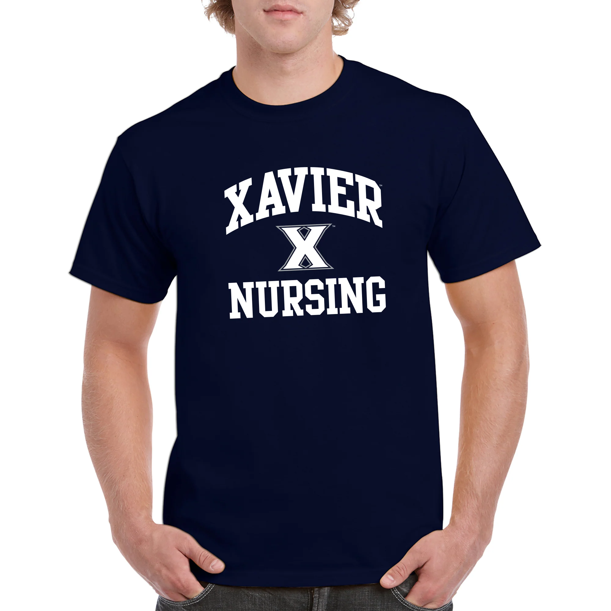 Xavier University Musketeers Arch Logo Nursing Basic Cotton Short Sleeve T Shirt - Navy - Image 3