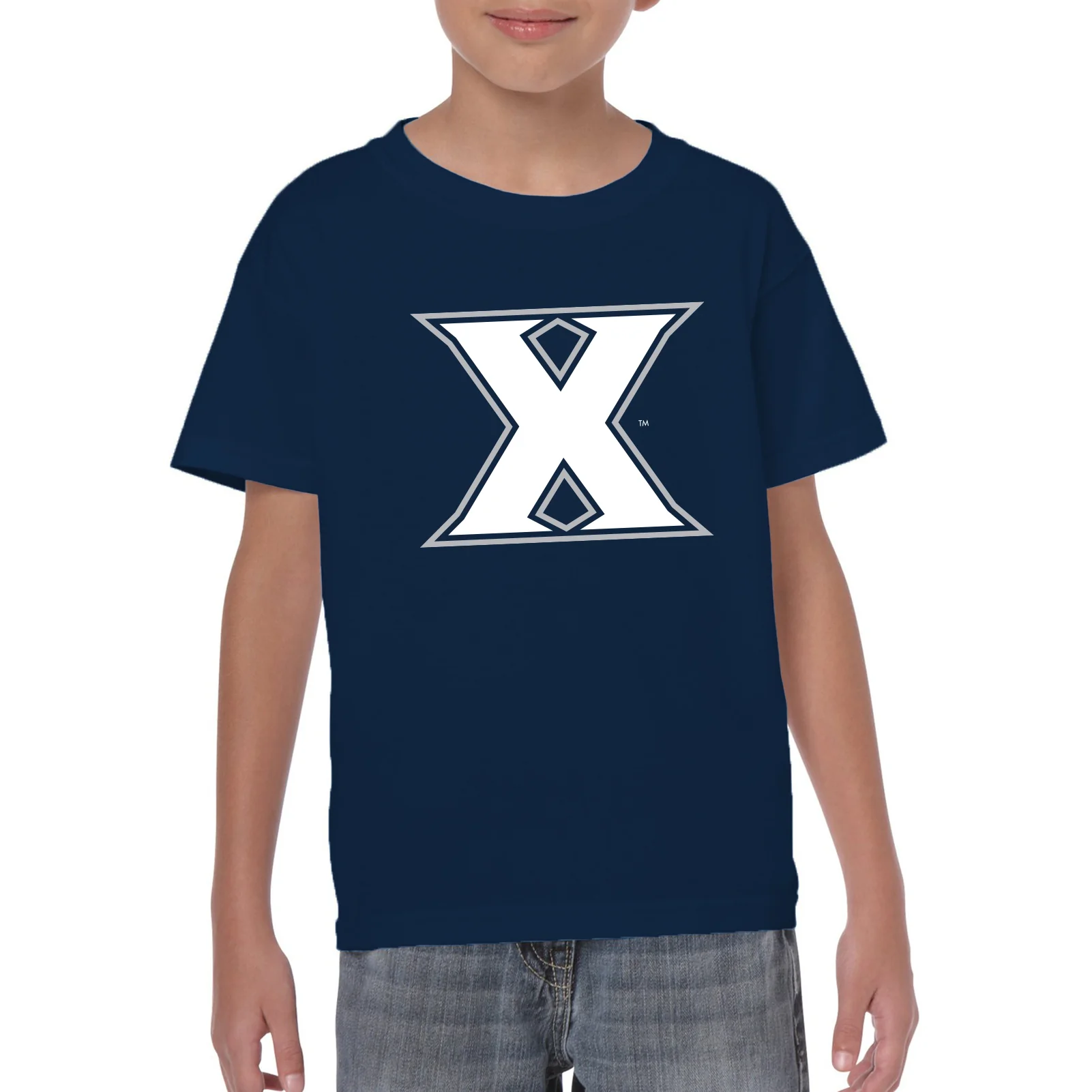 Xavier University Musketeers Primary Logo Youth Short Sleeve T Shirt - Navy - Image 4