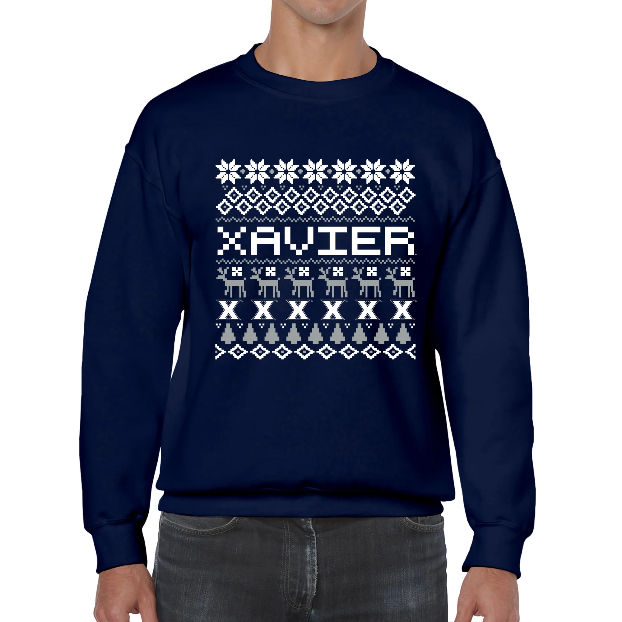 Xavier University Musketeers Ugly Holiday Sweater Crewneck Sweatshirt - Navy - Image 3