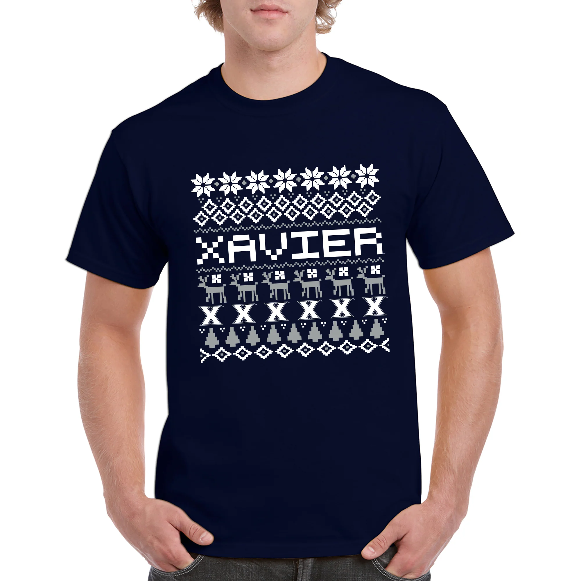 Xavier University Musketeers Ugly Holiday Sweater Short Sleeve T Shirt - Navy - Image 3