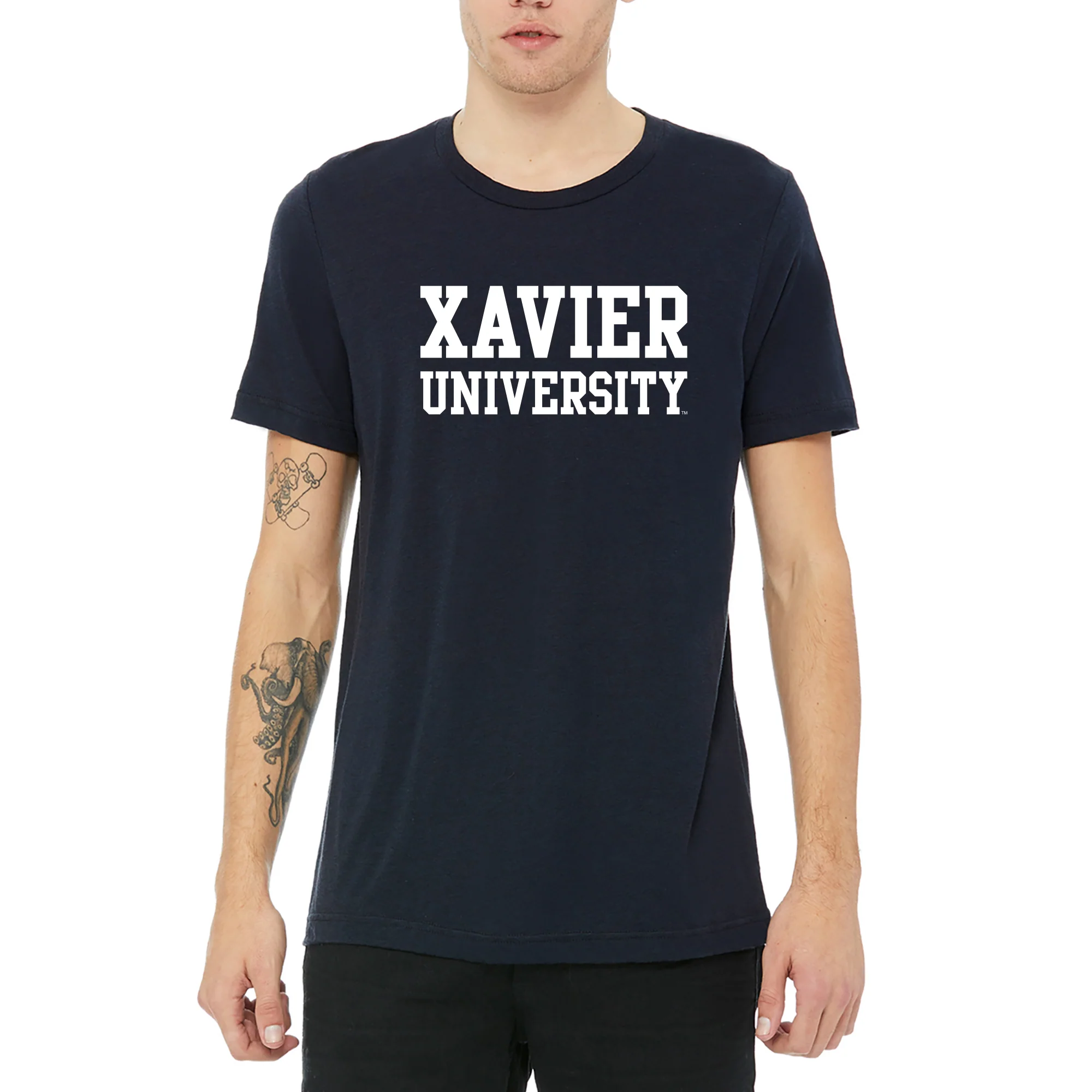Xavier Univeristy Musketeers Basic Block Canvas Triblend Short Sleeve T Shirt - Solid Navy Triblend - Image 3