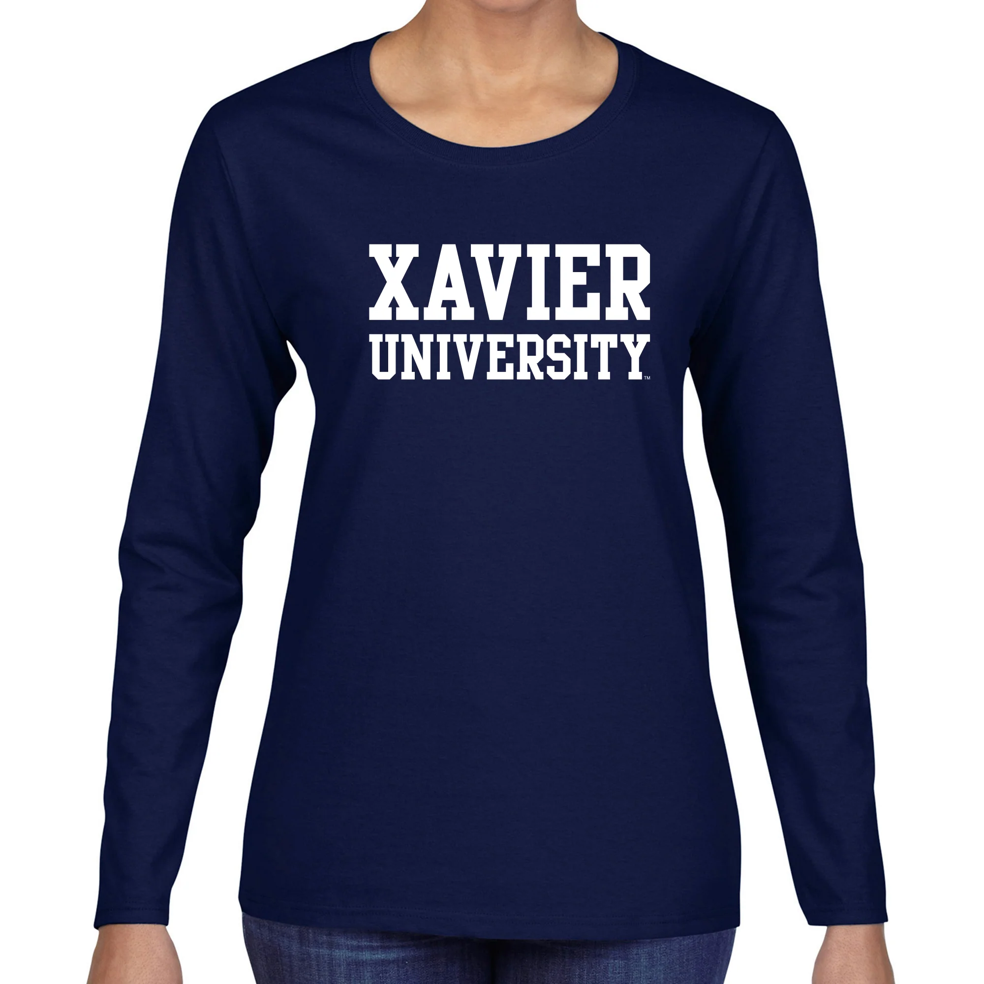 Xavier University Musketeers Basic Block Long Sleeve Womens T Shirt - Navy - Image 3
