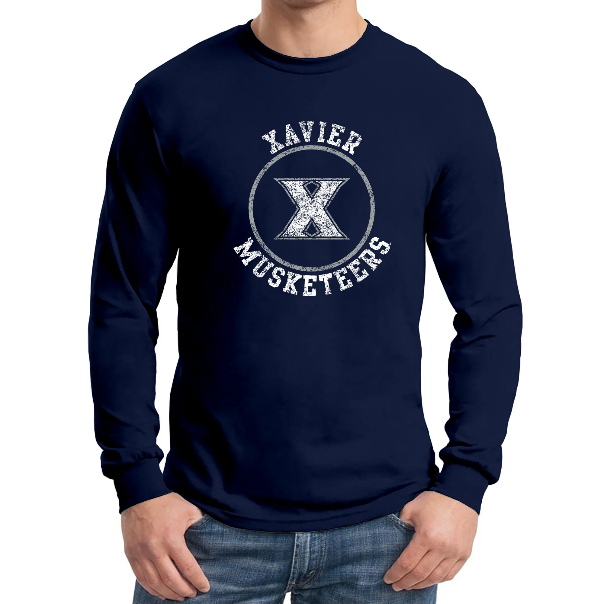 Xavier University Musketeers Distressed Circle Logo Long Sleeve T-Shirt - Navy - Image 3
