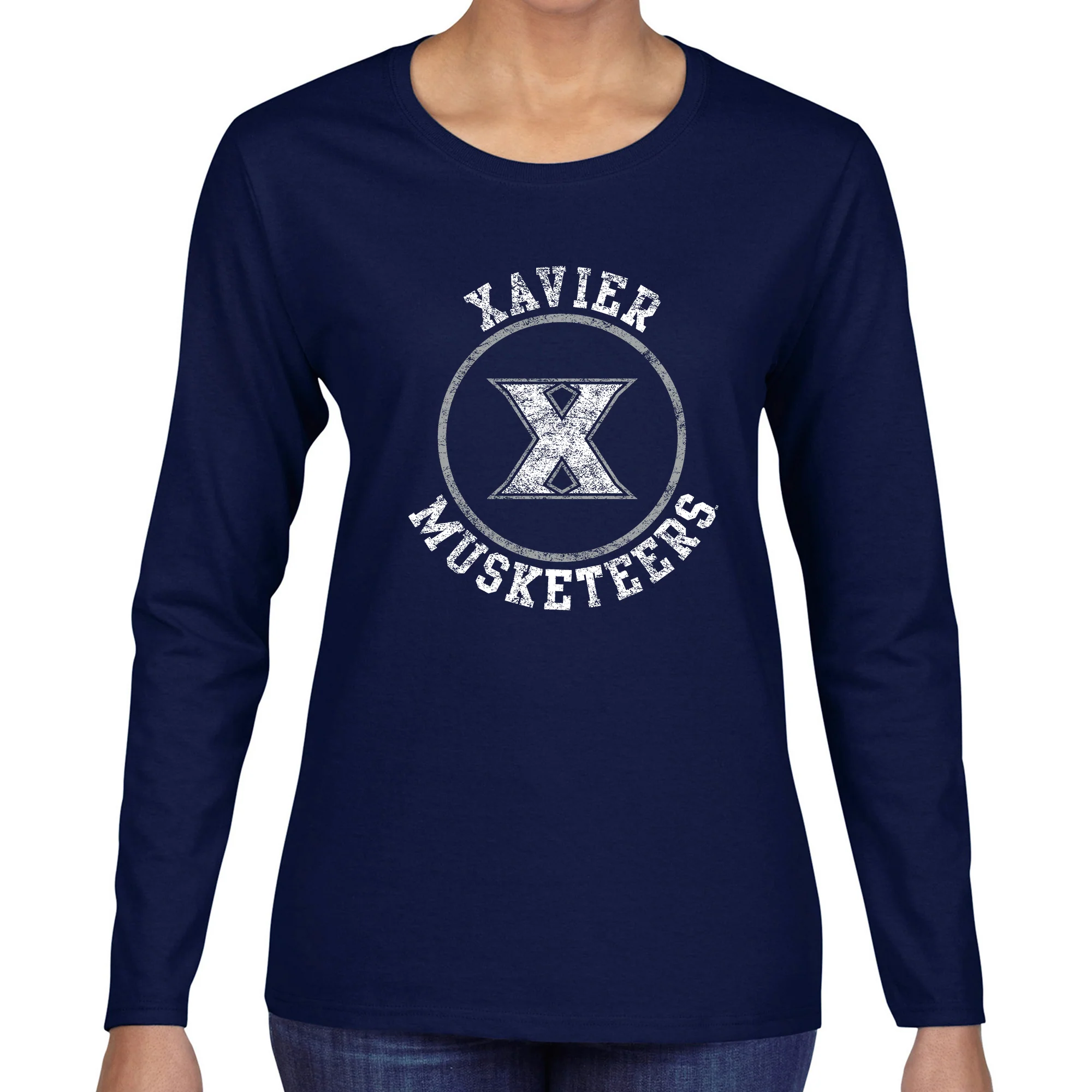 Xavier University Musketeers Distressed Circle Logo Long Sleeve Womens T-Shirt - Navy - Image 3