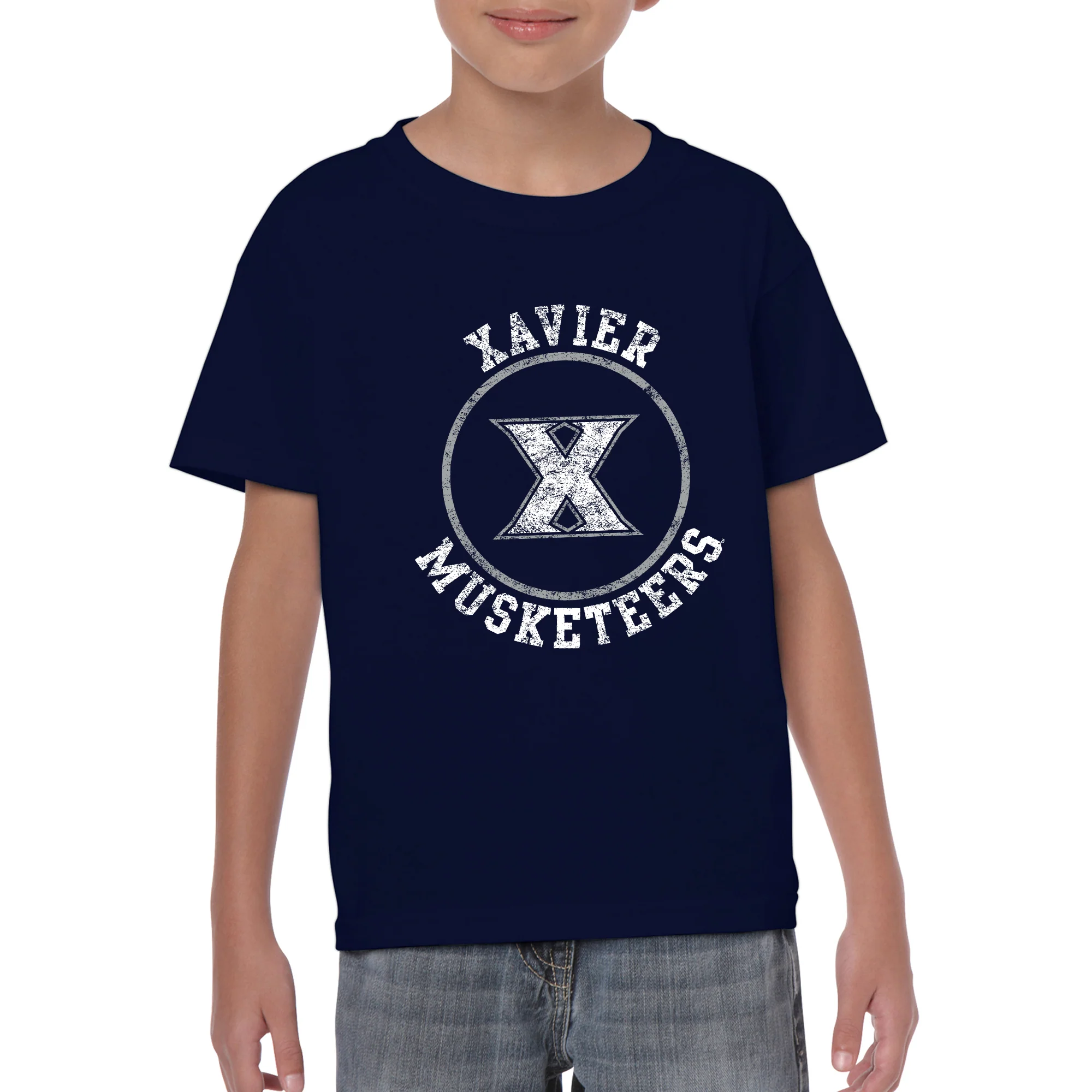 Xavier University Musketeers Distressed Circle Logo Youth Short Sleeve T Shirt - Navy - Image 3