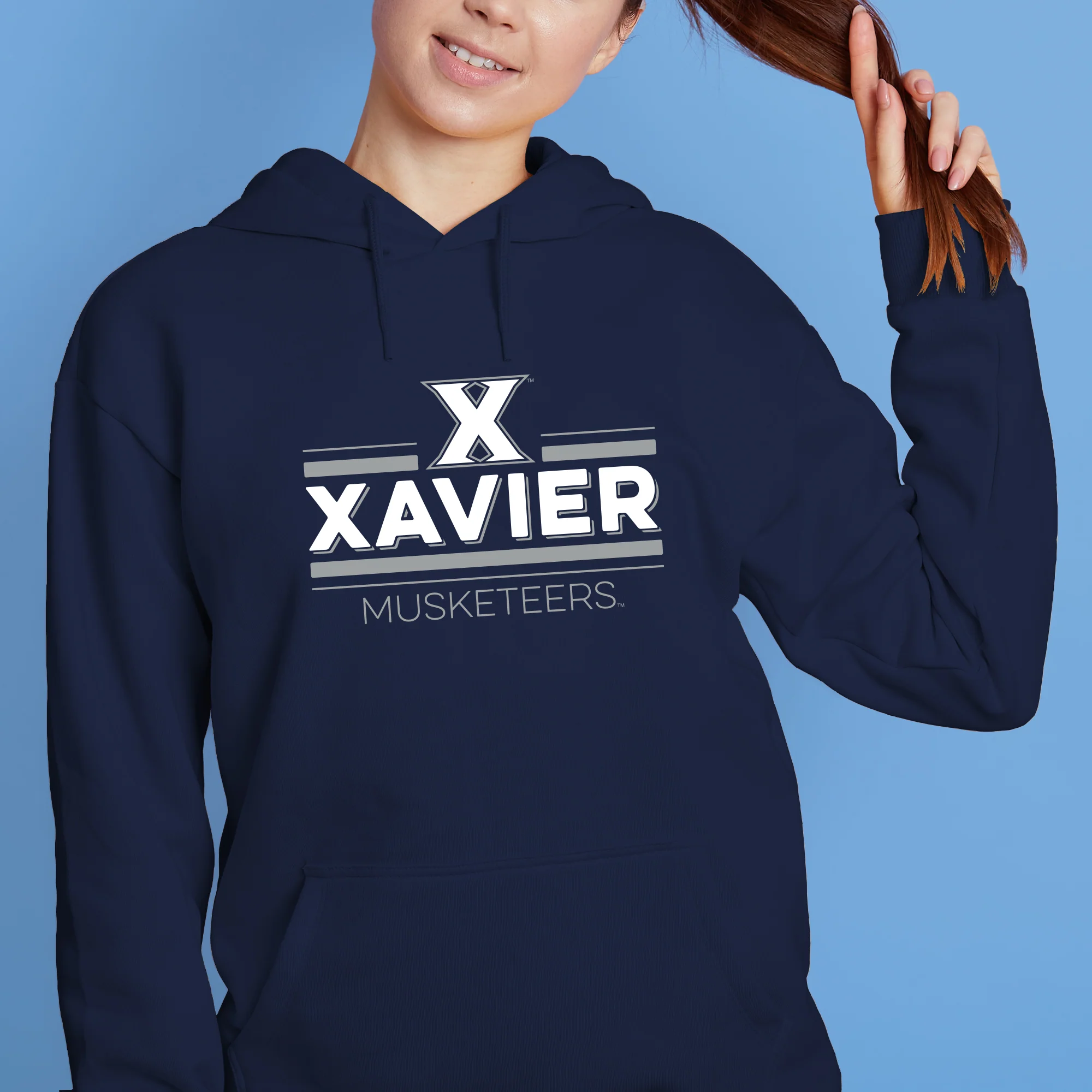 Xavier University Musketeers Double Bar Logo Hoodie - Navy - Image 4